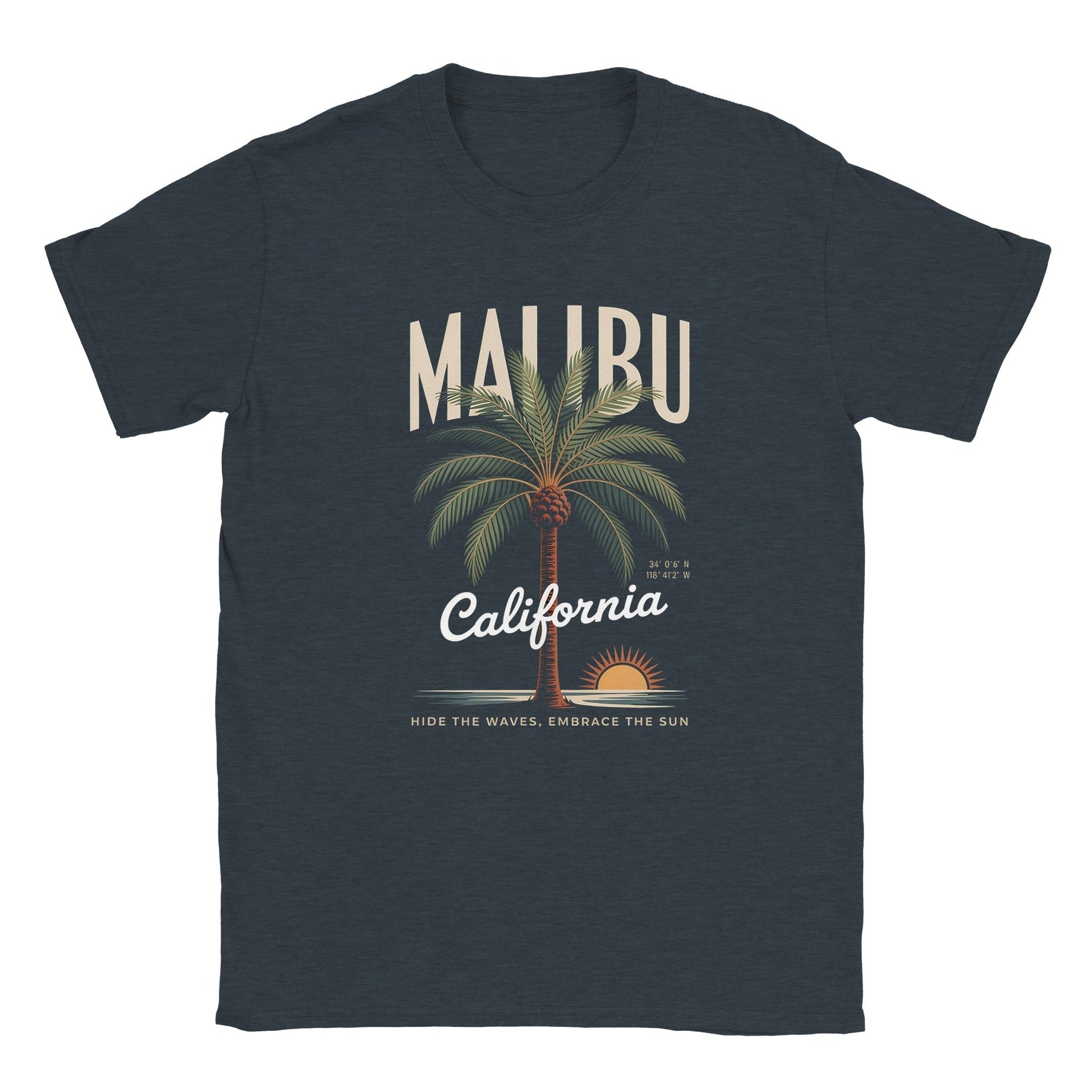 California Sunshine Sommer T-Shirt in dark color with Malibu palm tree and sunset design, soft seamless fabric for comfortable summer wear