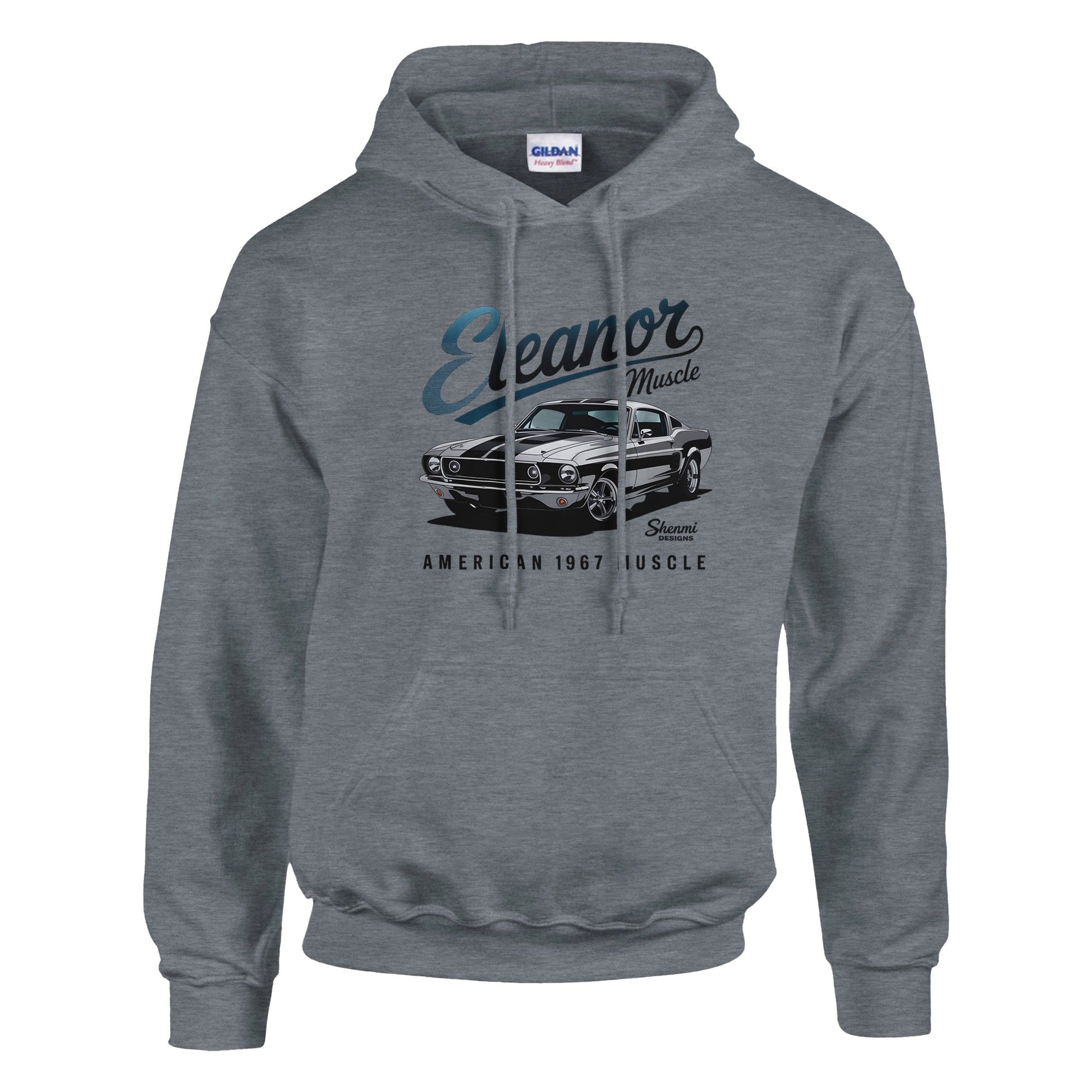 Gray Eleanor Hoodie with vintage 1967 muscle car graphic, unisex design for car enthusiasts