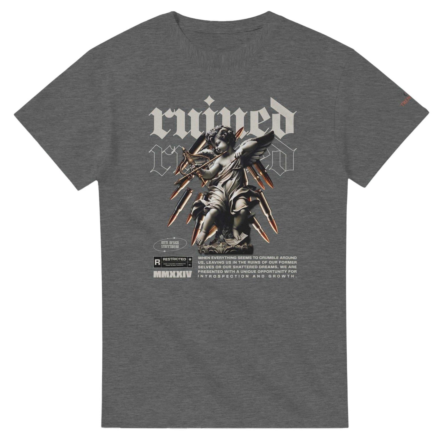 ruined streetwaer unisex crewneck t-shirt in gray with graphic angel print and text design, 100% cotton, durable heavyweight casual tee.