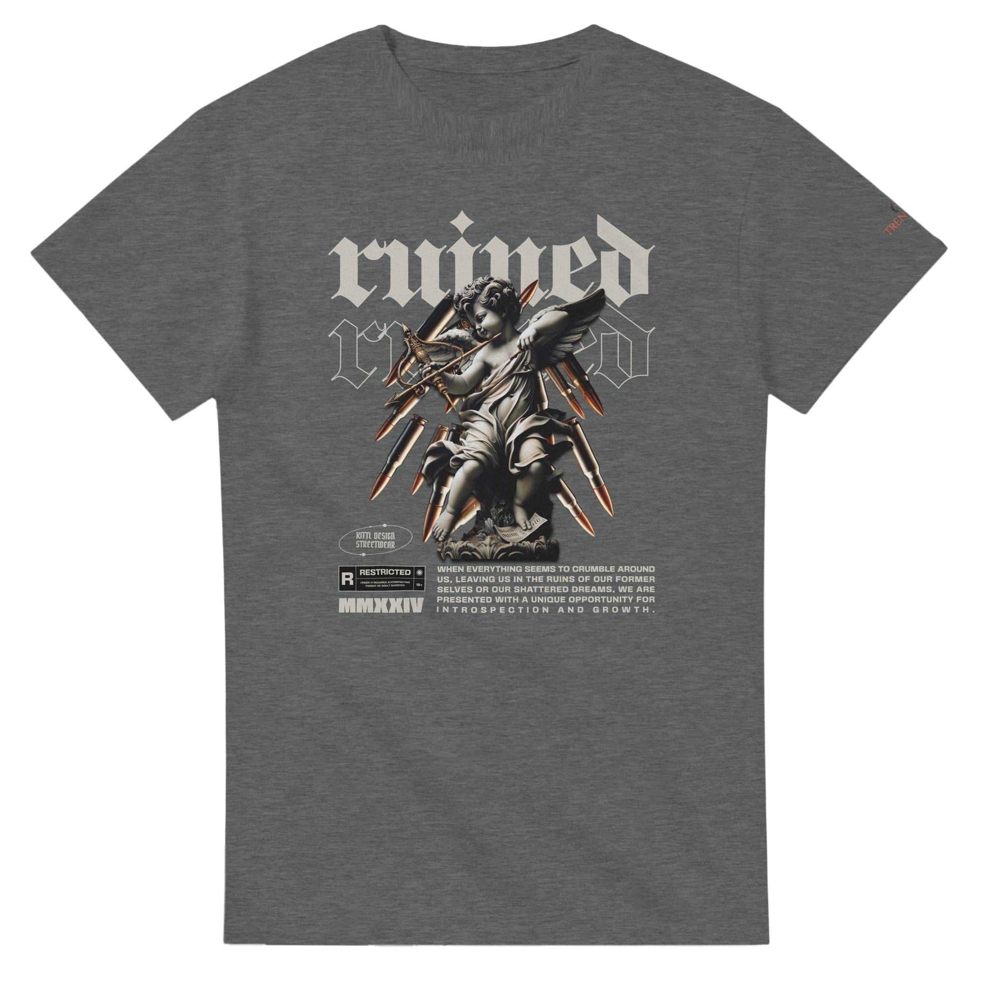 Ruined Streetwaer Unisex Crewneck T-shirt in gray with graphic angel print and text design, 100% cotton, durable heavyweight casual tee.