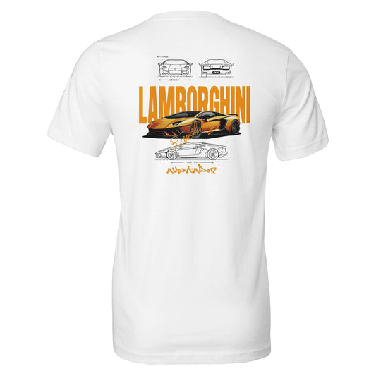 Lamborghini Design T-Shirt mit orangefarbenem Aventador Motiv und technischen Skizzen auf weißem Stoff, hochwertiges Unisex-Shirt aus 100% Baumwolle