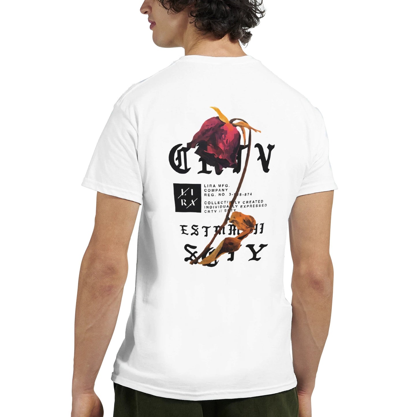 lira streetart unisex t-shirt aus schwerer baumwolle mit urbanem print auf weißem stoff, lässige passform für alltag und freizeit.