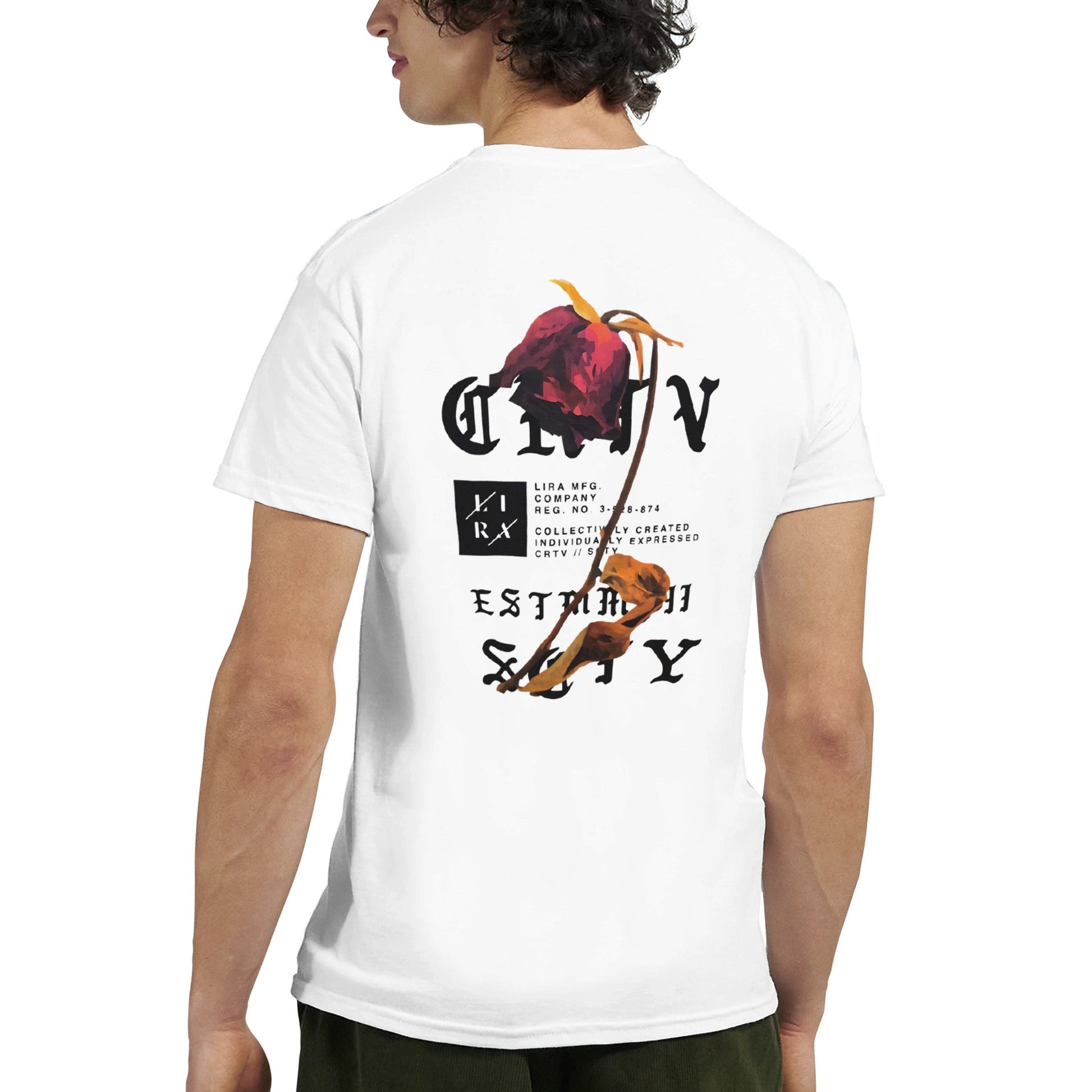 Lira Streetart Unisex T-Shirt aus schwerer Baumwolle mit urbanem Print auf weißem Stoff, lässige Passform für Alltag und Freizeit.