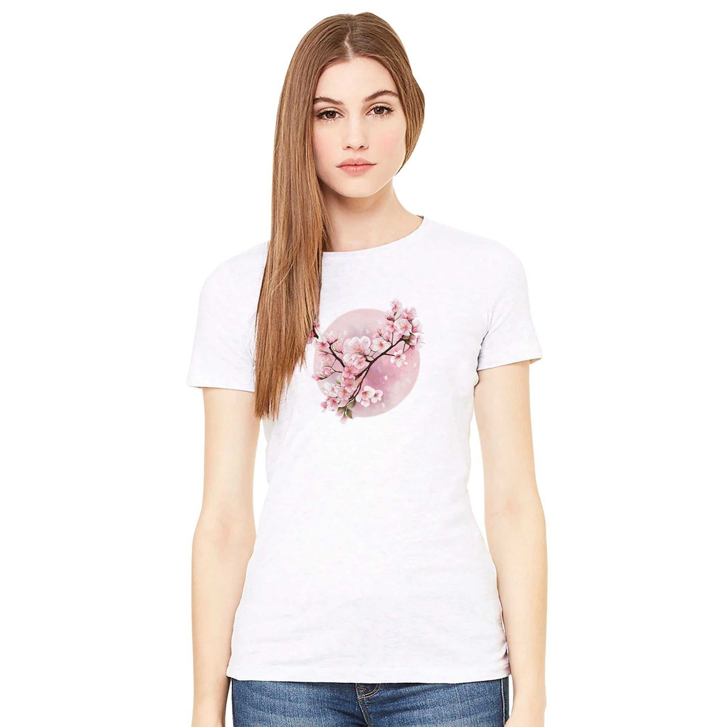 damen-t-shirt sakura spring mit kirschblütenmotiv aus weißer baumwolle, taillierte passform, kurze ärmel, stilvoll und bequem.