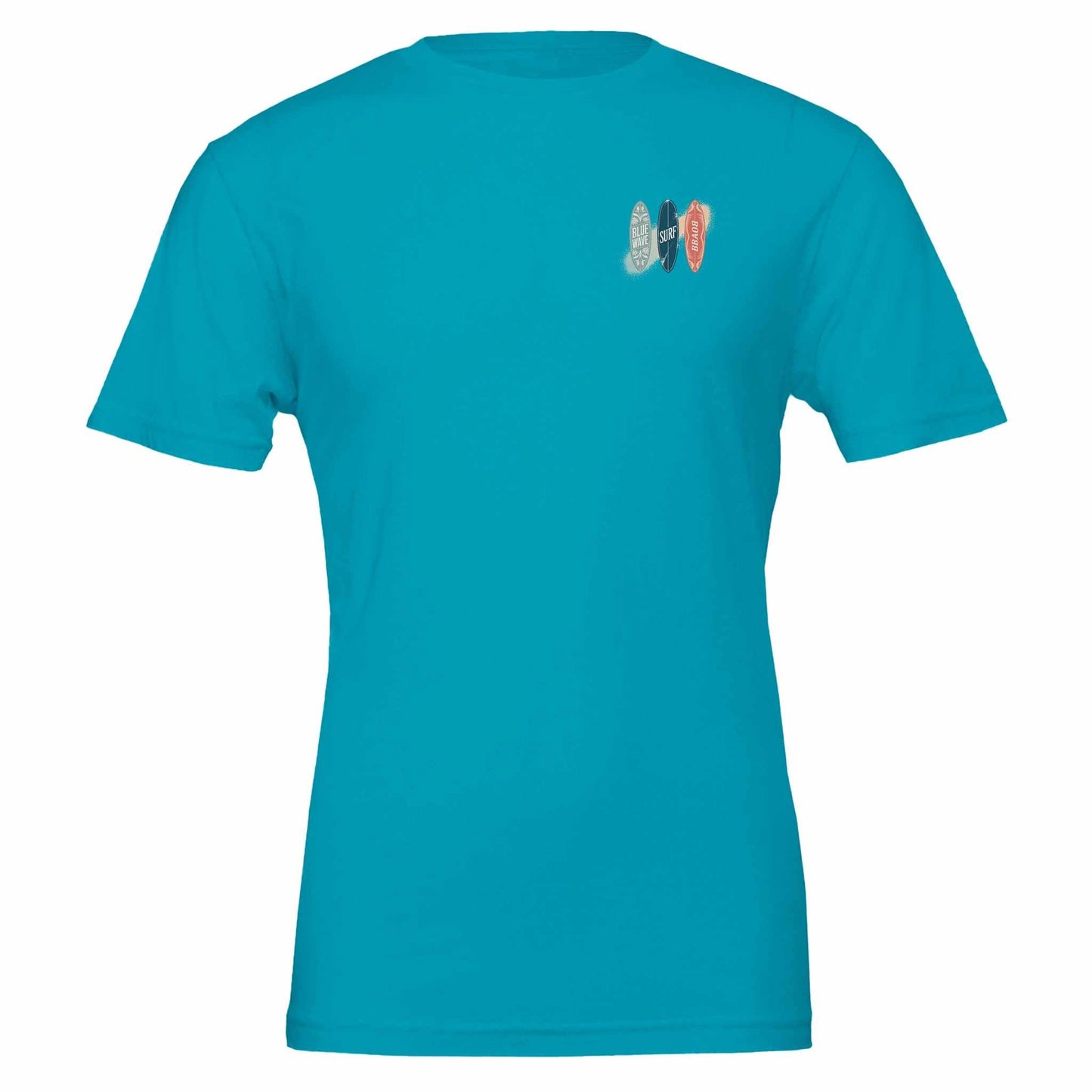 premium surfer t-shirt in türkis mit surfbrett-design, weiches sommer-shirt aus 100% airlume-baumwolle, körperbetonte unisex-passform ideal für strandpartys.