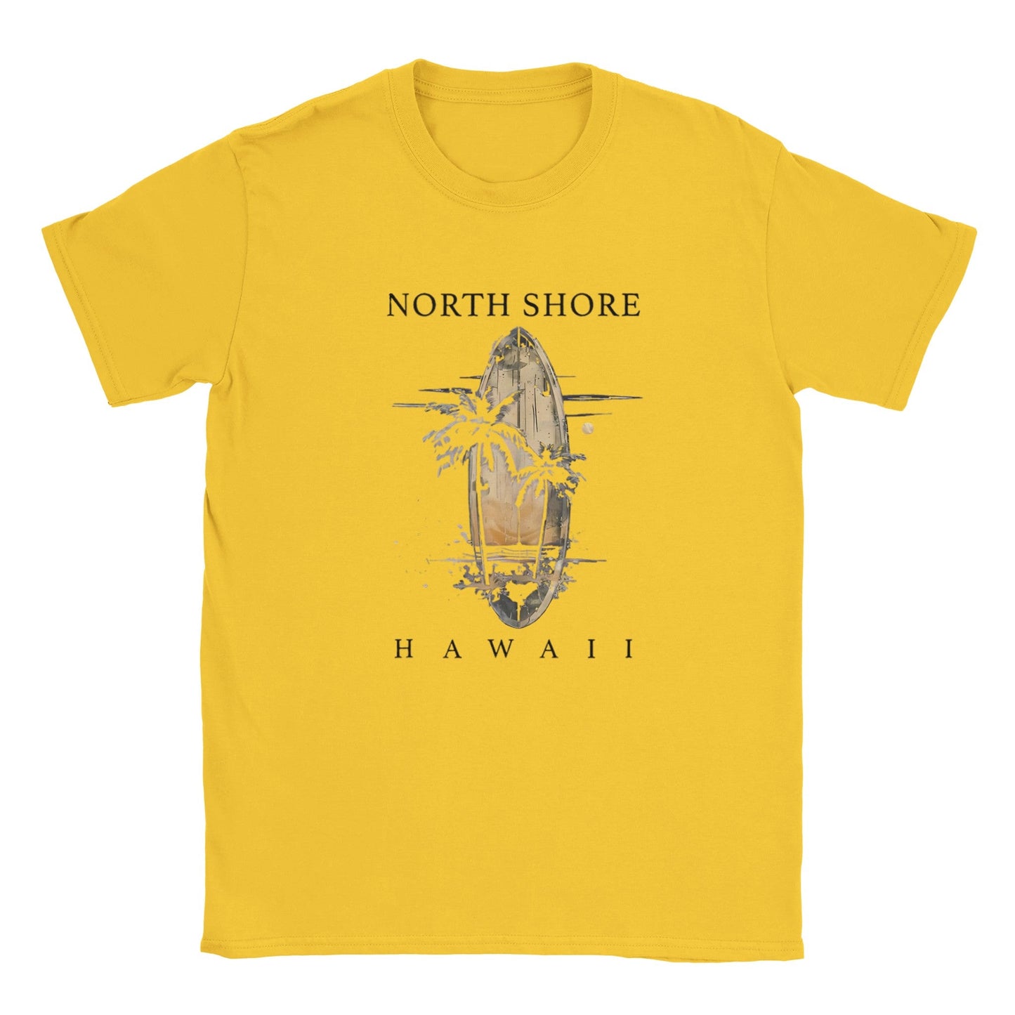 hawaii sommer beach unisex t-shirt gelb mit surfbrett- und palmenmotiv north shore hawaii