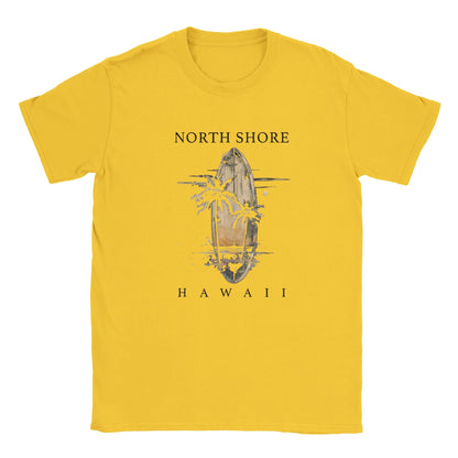 Hawaii Sommer Beach Unisex T-Shirt gelb mit Surfbrett- und Palmenmotiv North Shore Hawaii