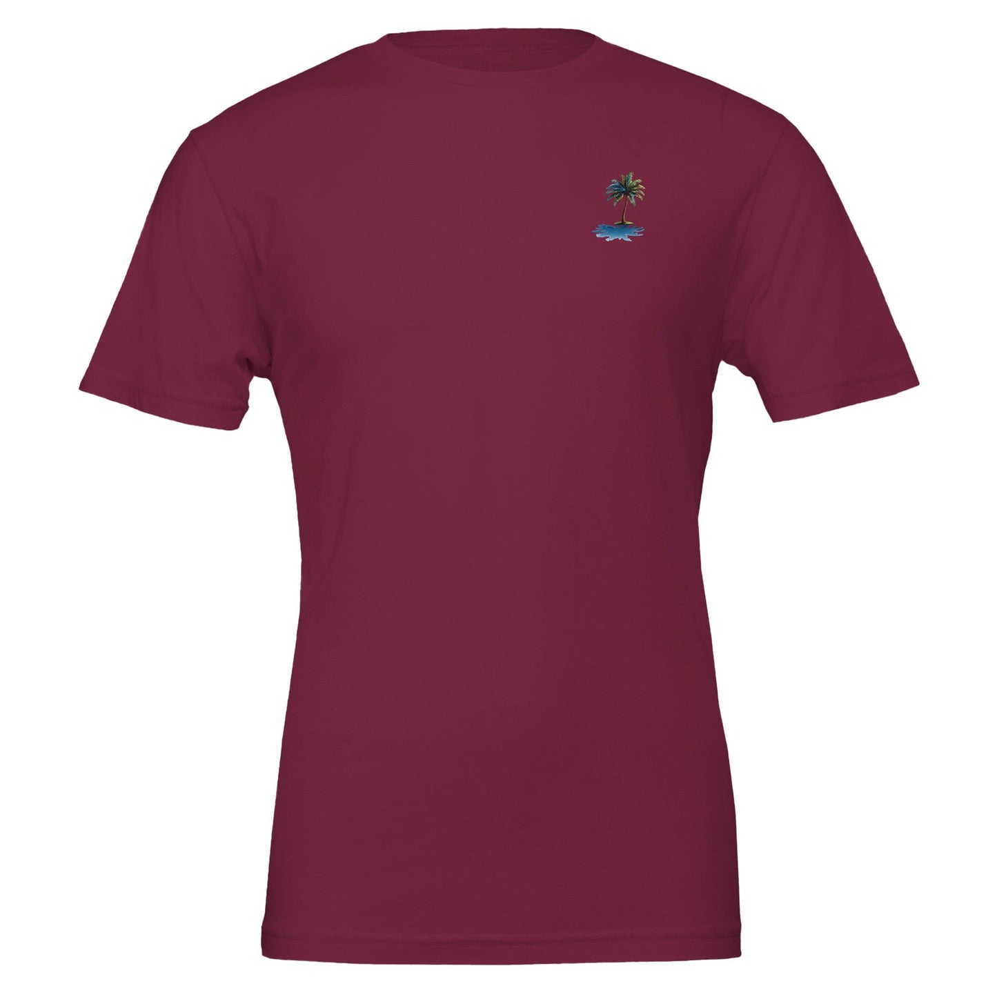 weiches unisex sommer t-shirt in bordeauxrot mit kleinem palmen-design für strand und beachparty