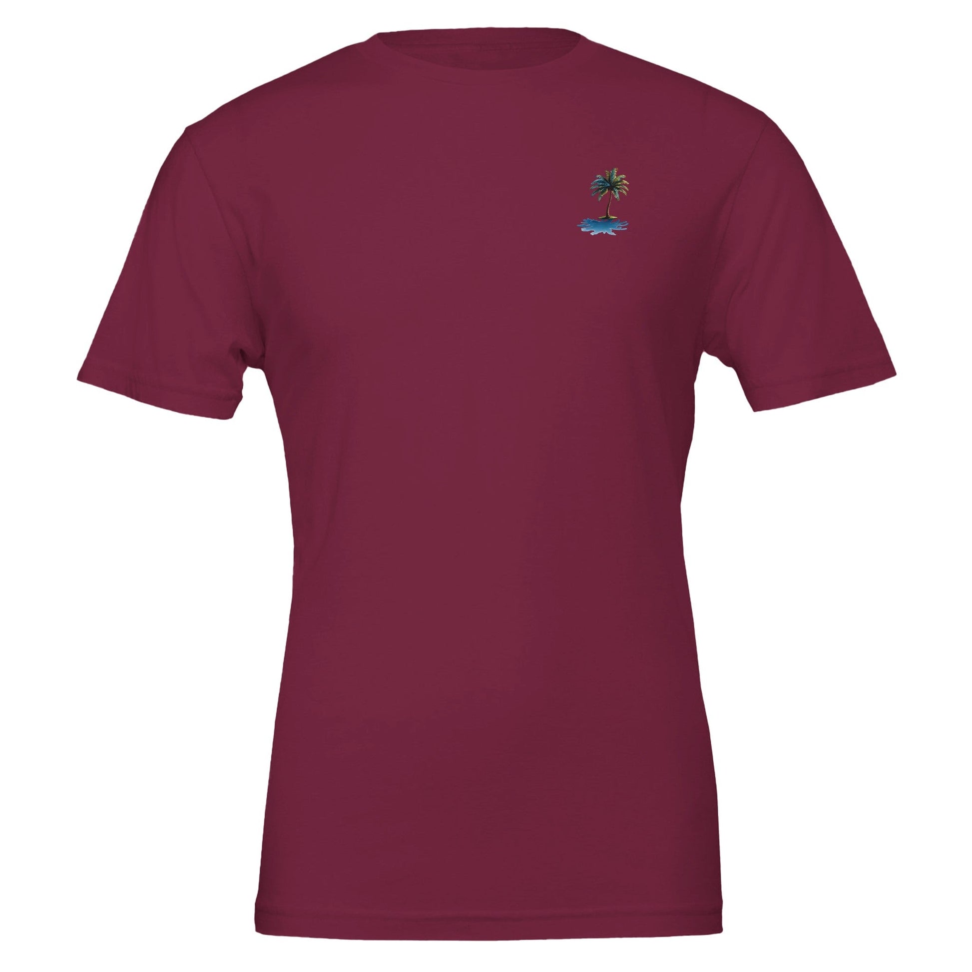 Uni Sommer T-Shirt in Bordeaux mit kleinem Palmbaum-Logo, weich, unisex, ideal für Strand und Beachparty