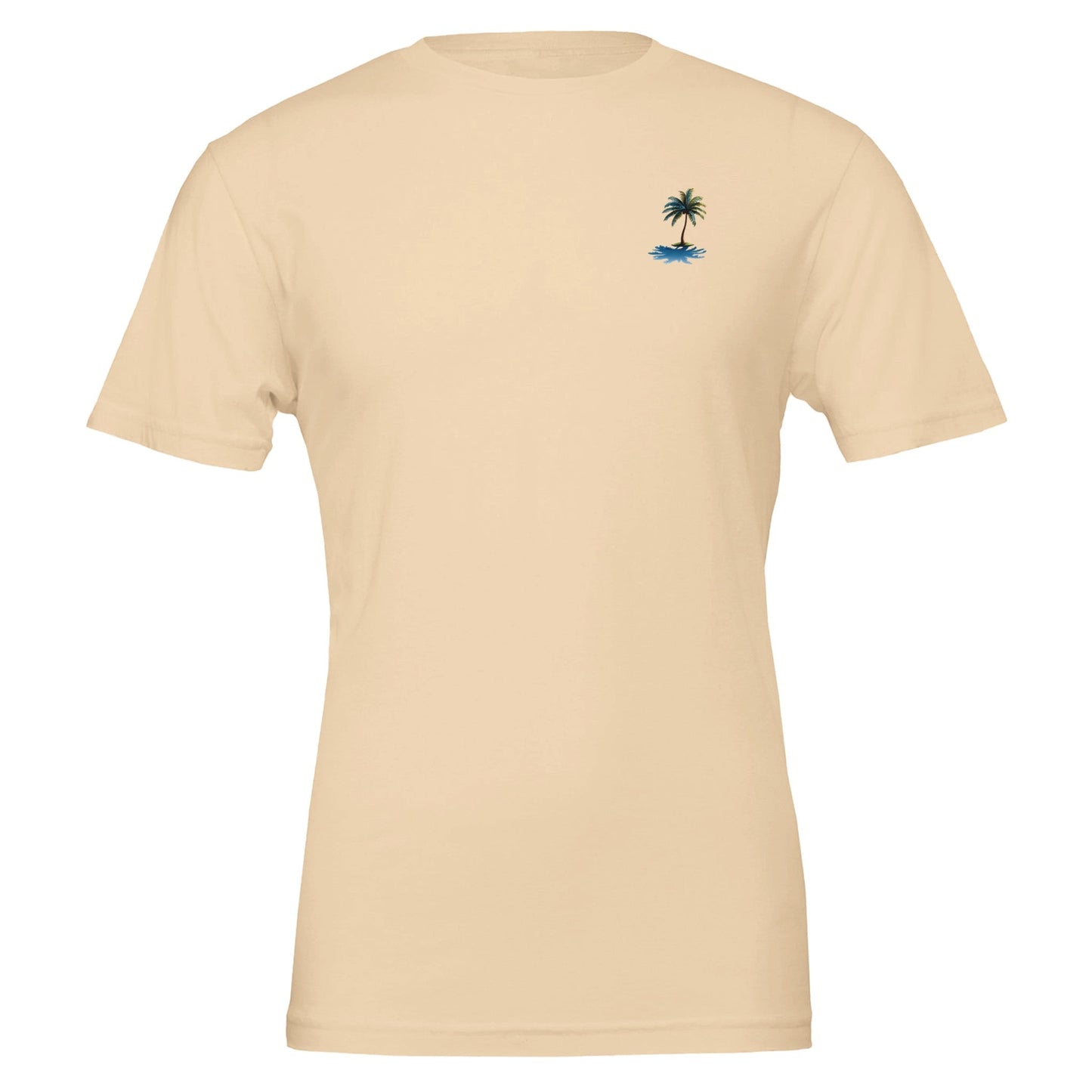 beiges sommer t-shirt aus weicher baumwolle mit kleinem palmenmotiv, unisex, ideal für strand und beachparty.