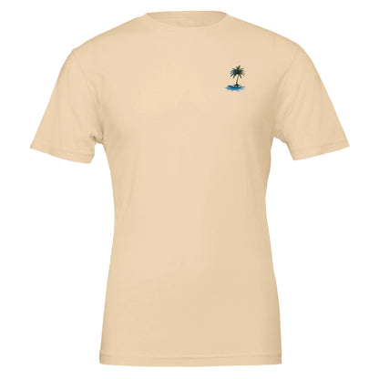 Beiges Sommer T-Shirt aus weicher Baumwolle mit kleinem Palmenmotiv, unisex, ideal für Strand und Beachparty.