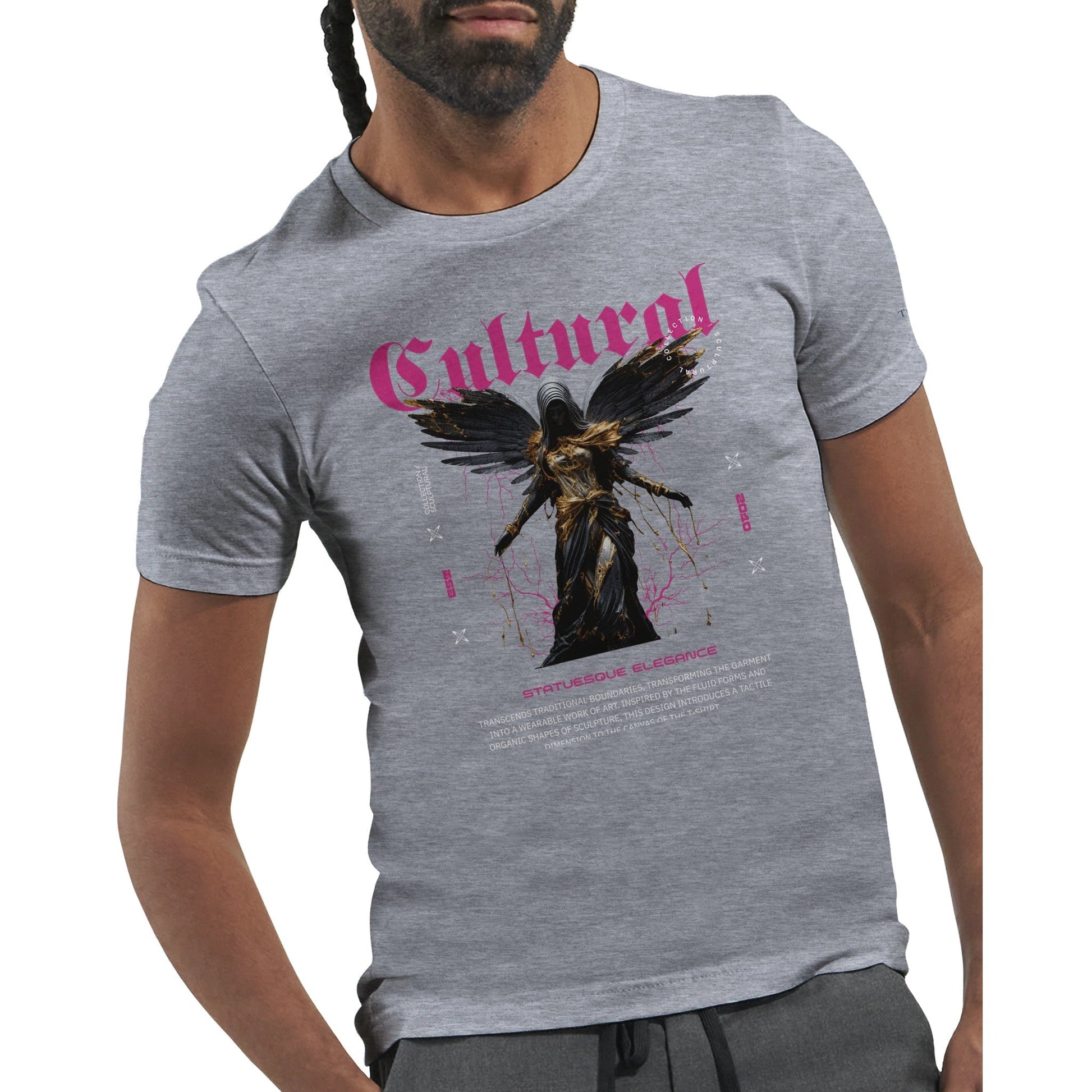 Premium Unisex T-Shirt in Grau mit kulturellem Streetwear-Design, weicher 100% Airlume-Baumwolle, seitlich genähte Passform, ideal für lebendigen DTG-Druck.