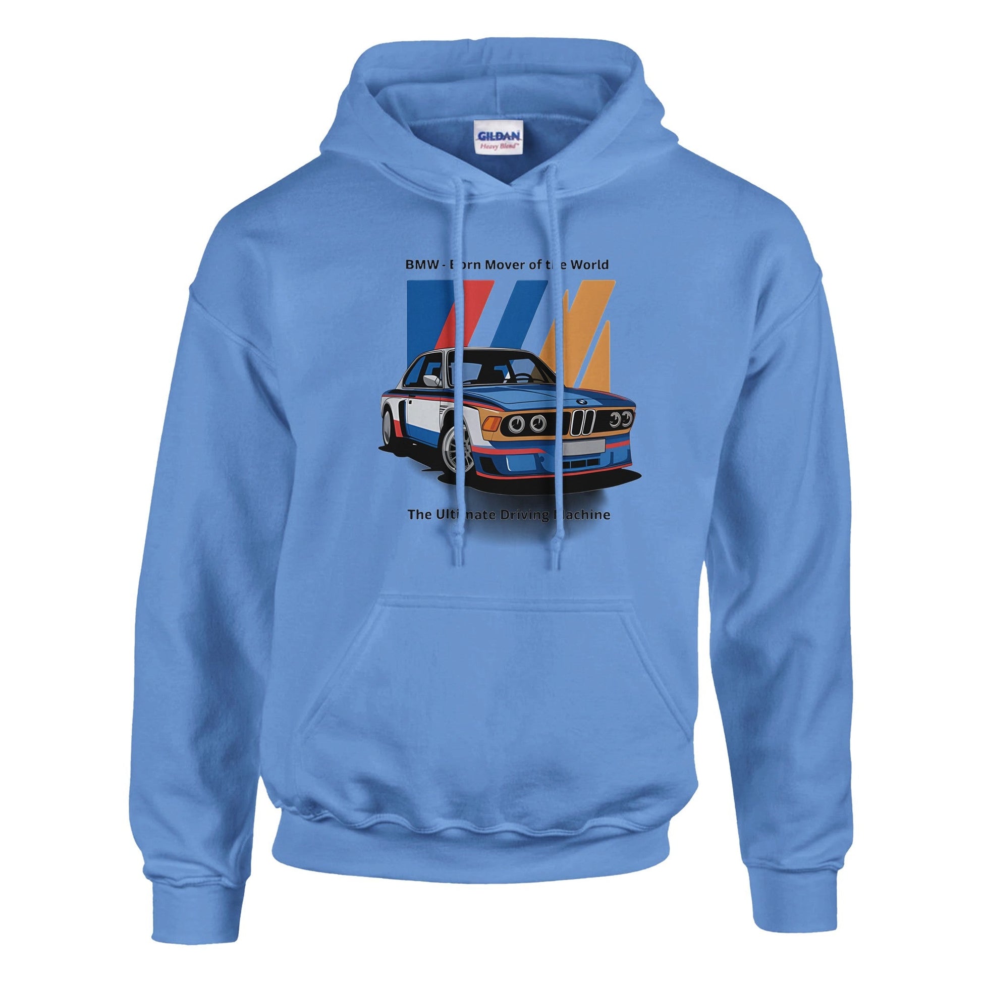 Born to Race unisex hoodie in light blue with graphic of a classic BMW car and racing stripes, made from soft 50/50 cotton-polyester blend with double-lined hood and front pouch pocket.