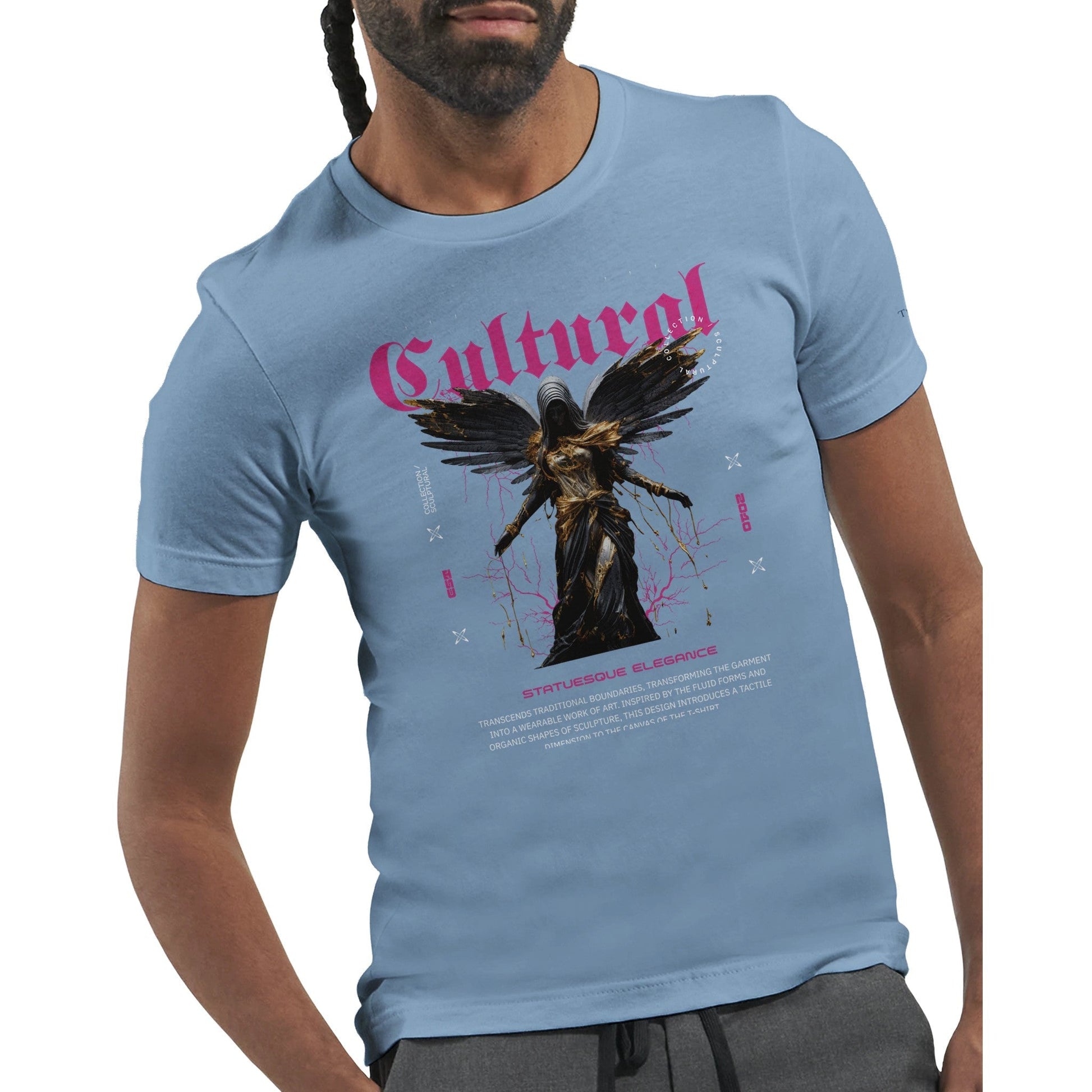 Premium unisex T-shirt in blue with cultural streetwear graphic and soft cotton fabric