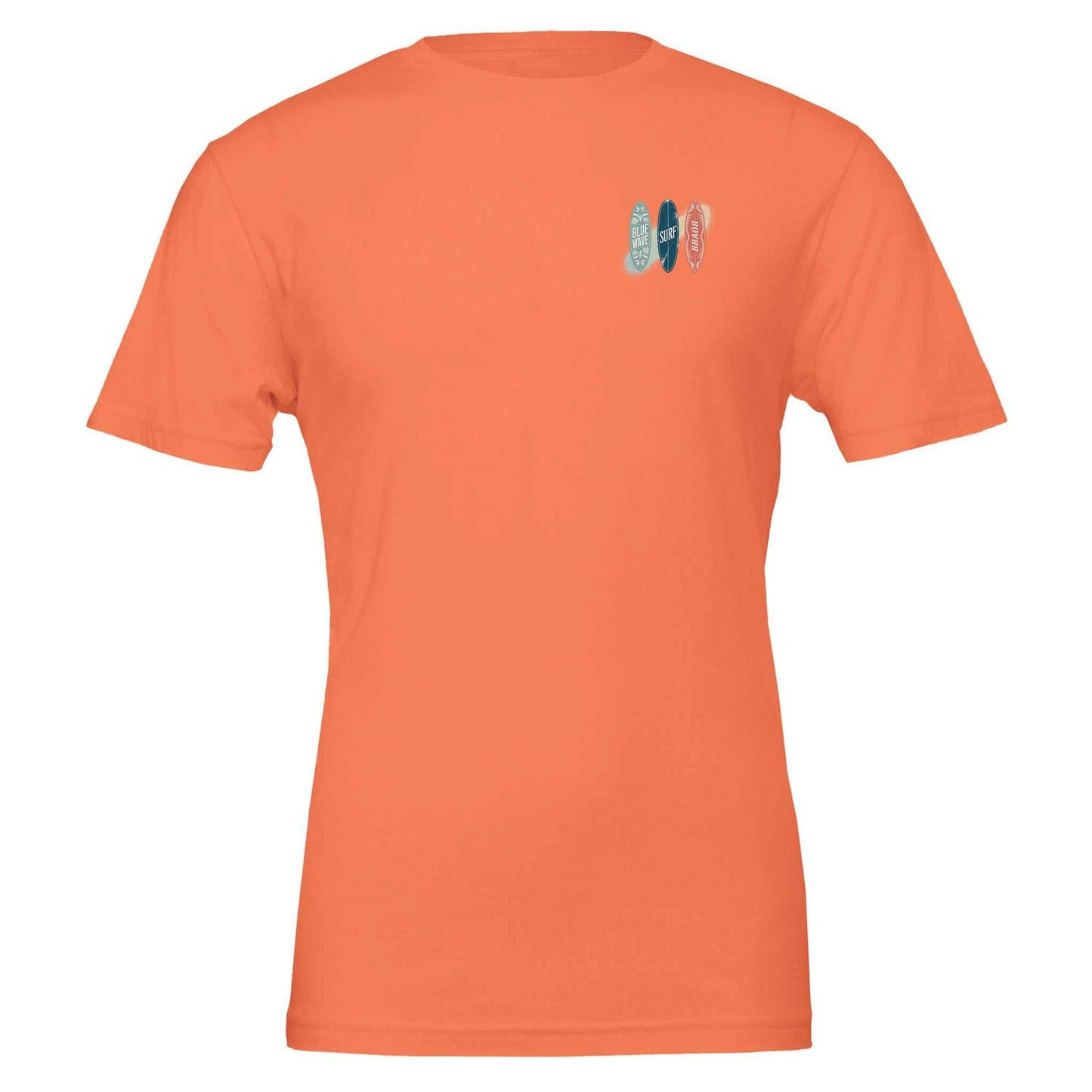 orange premium surfer t-shirt aus weicher airlume-baumwolle mit surfbrett-motiv für sommer und strandpartys