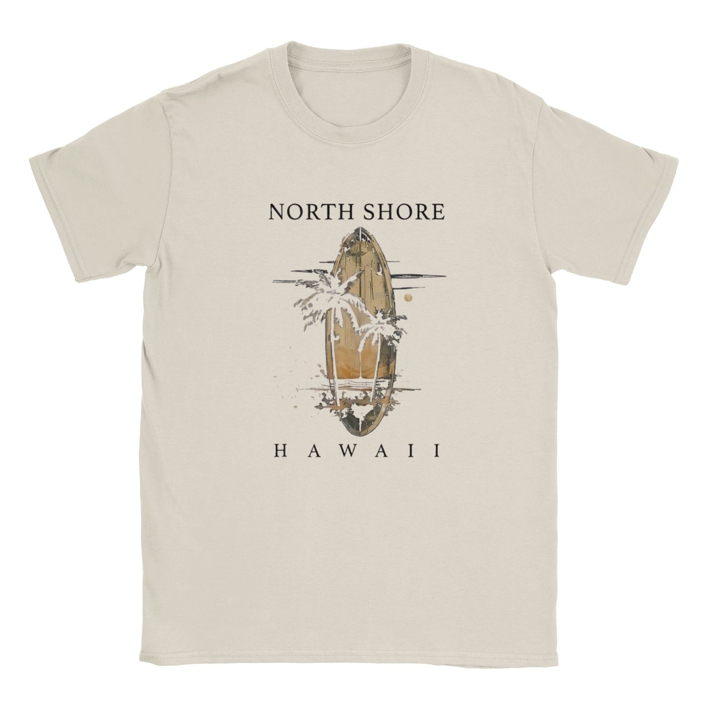 hawaii sommer beach unisex t-shirt mit surfbrett und palmen motiv in beige