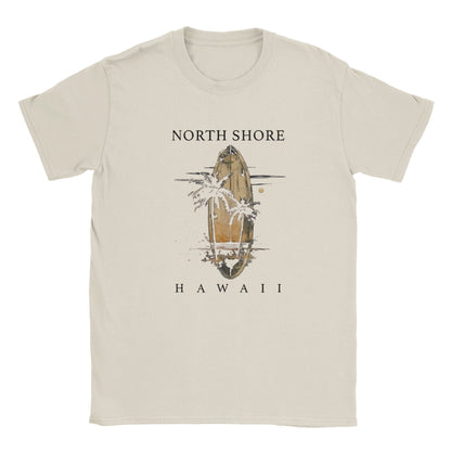 Hawaii Sommer Beach Unisex T-Shirt mit Surfbrett und Palmen Motiv in Beige