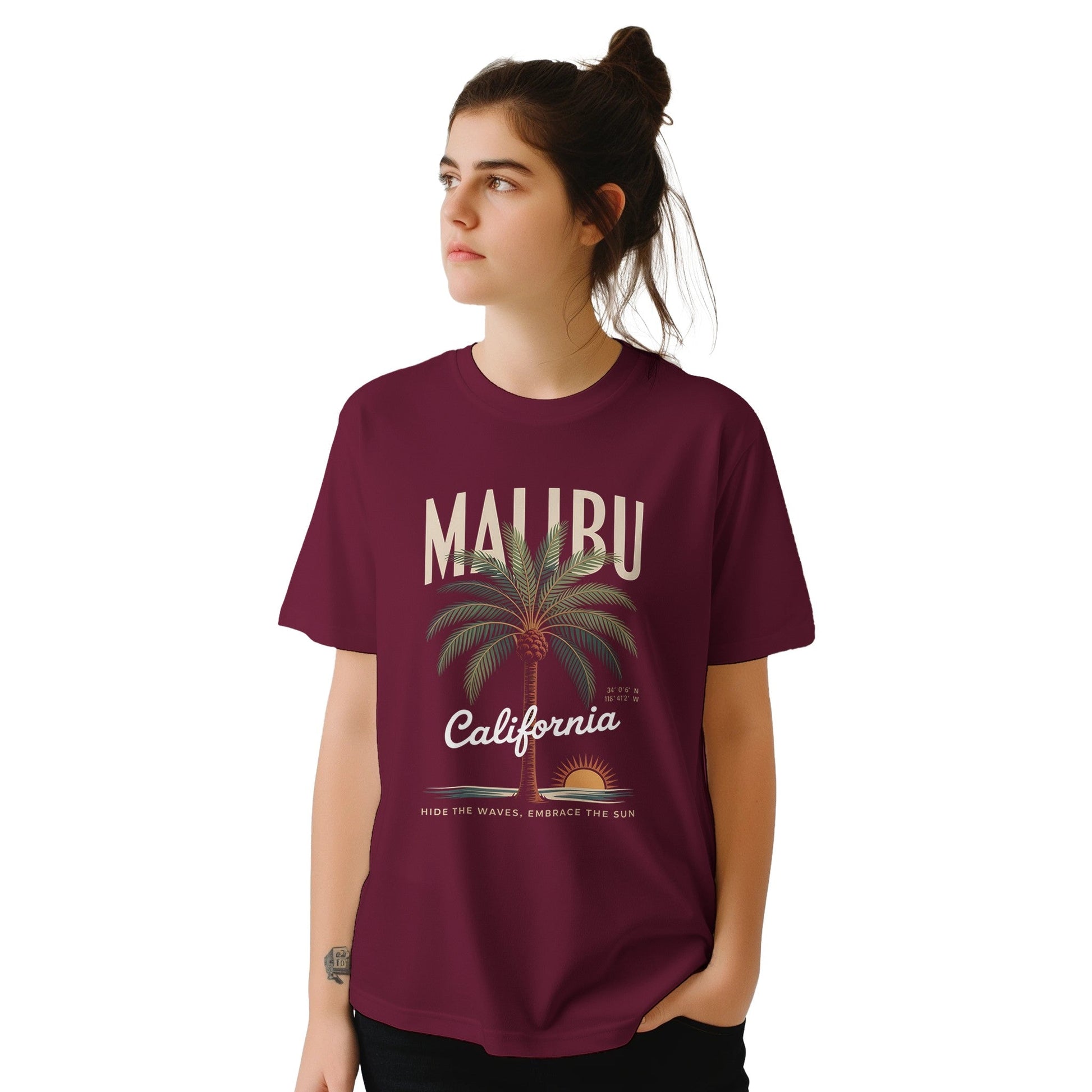 California Sunshine Sommer-T-Shirt in Burgunderrot mit Malibu-Print und Palmenmotiv, weiches, nahtloses Design für Komfort und lässigen Sommerstil
