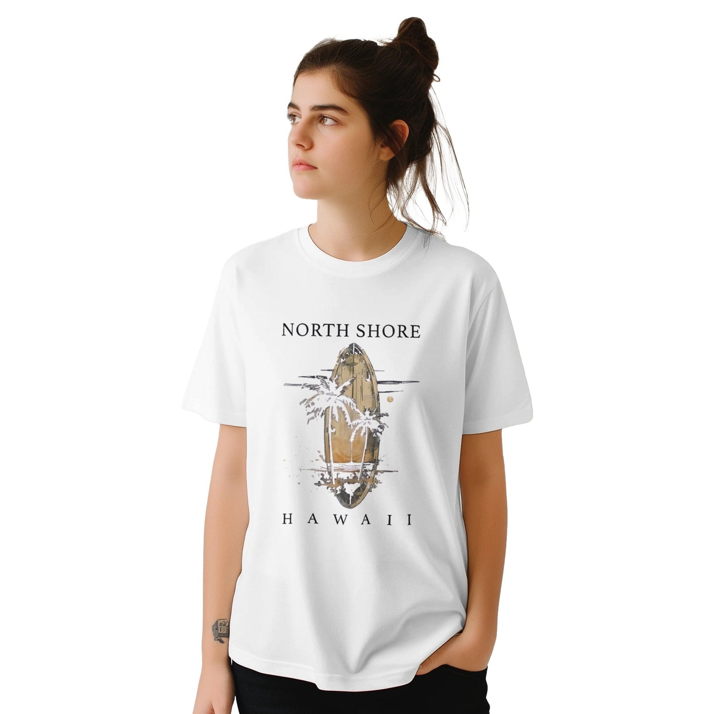 weißes hawaii sommer beach unisex t-shirt mit surfbretter-design und north shore aufdruck