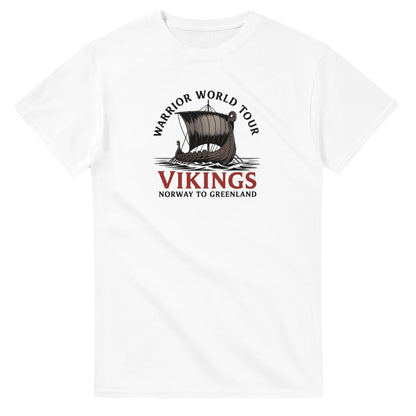 Wikinger T-Shirt aus schwerer Baumwolle mit klassischem Schnitt und Wikinger-Druck "Warrior World Tour Vikings" in Weiß