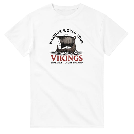 Wikinger T-Shirt aus schwerer Baumwolle mit klassischem Schnitt und Wikinger-Druck "Warrior World Tour Vikings" in Weiß