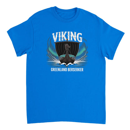 Blaues Wikinger T-Shirt für Männer mit Viking-Schiff und Greenland Berserker Schriftzug, aus langlebiger Baumwolle