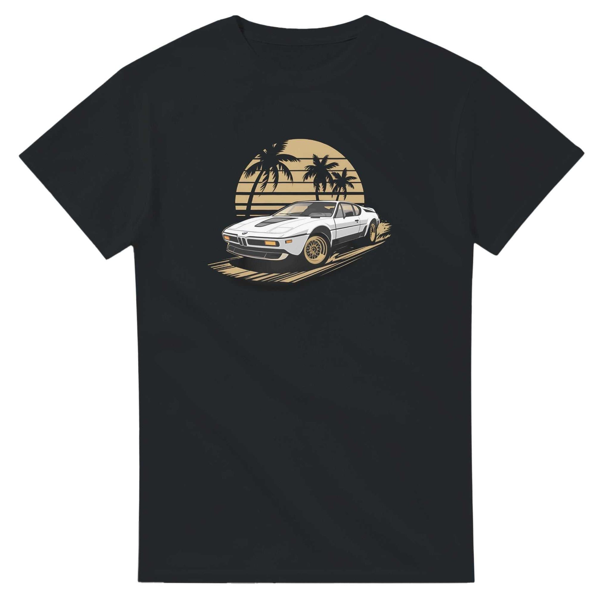 Premium unisex summer car t-shirt with vintage car and palm tree design on black heavyweight cotton fabric