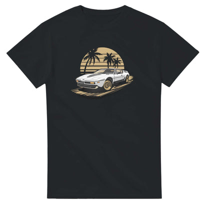 Premium unisex summer car t-shirt with vintage car and palm tree design on black heavyweight cotton fabric