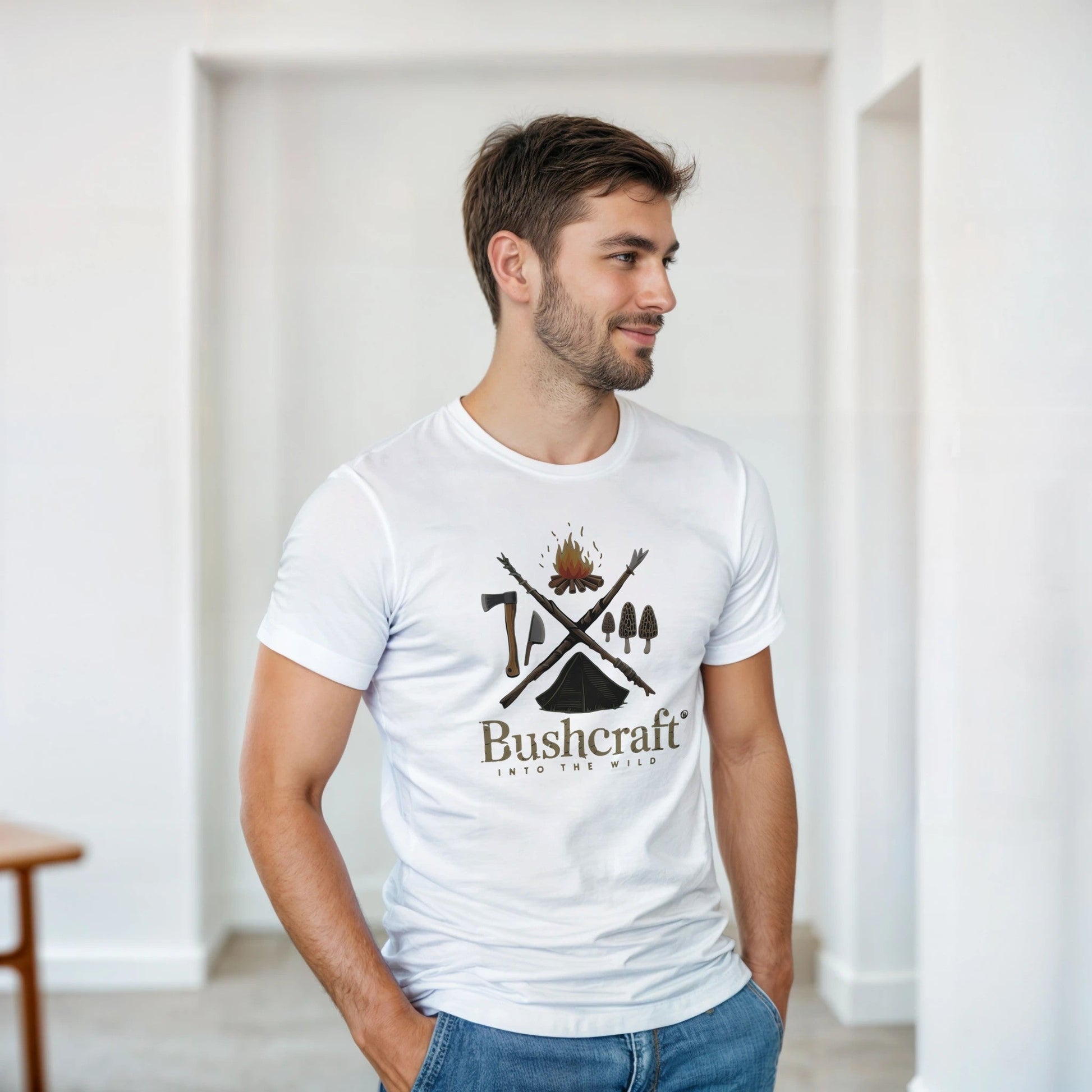 Junger Mann trägt weißes Bushcraft T-Shirt aus hochwertiger Baumwolle mit Naturmotiv und klassischer Passform.