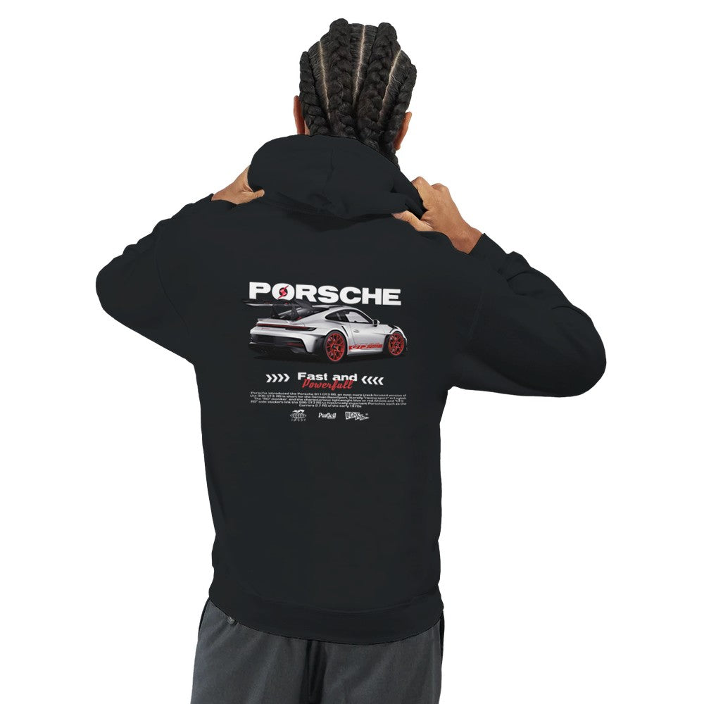 schwarzer porsche hoodie aus schwerem baumwoll-polyester-gemisch mit porsche auto-print auf dem rücken und doppelt gefütterter kapuze.