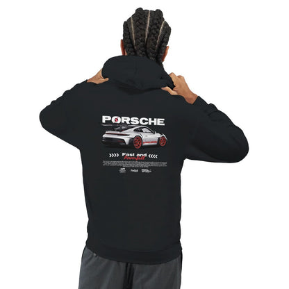 Schwarzer Porsche Hoodie aus schwerem Baumwoll-Polyester-Gemisch mit Porsche Auto-Print auf dem Rücken und doppelt gefütterter Kapuze.