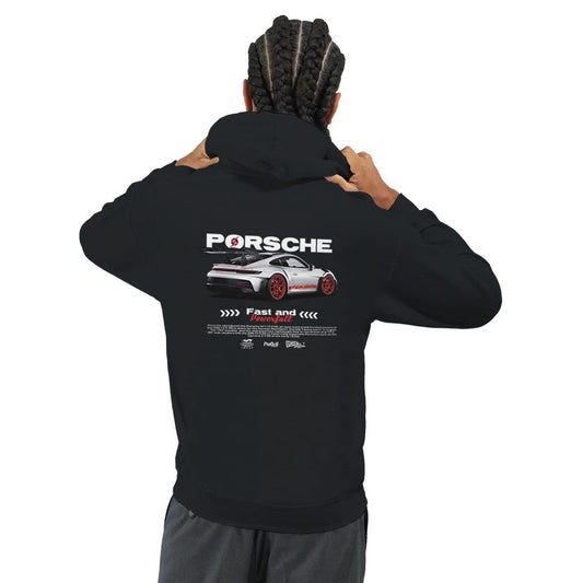 Schwarzer Porsche Hoodie aus schwerem Baumwoll-Polyester-Gemisch mit Porsche Auto-Print auf dem Rücken und doppelt gefütterter Kapuze.