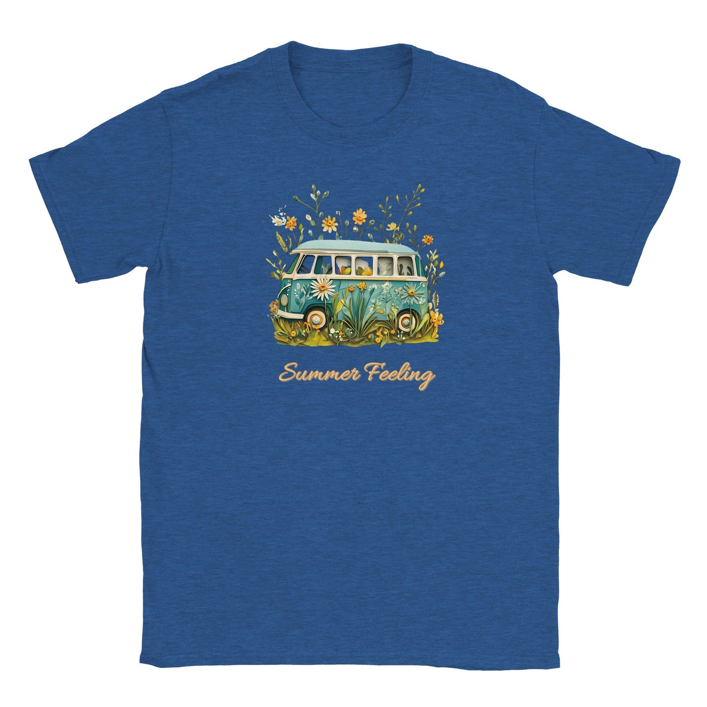 blaues sommer t-shirt mit bully camper motiv und "summer feeling" schriftzug, weich und bequem für strandtage