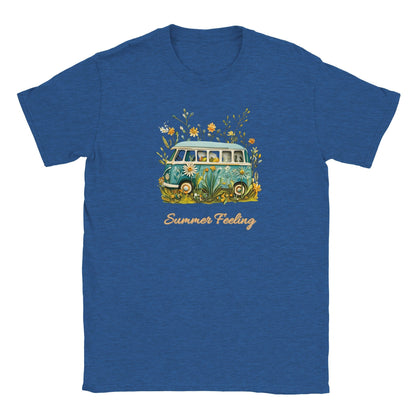 Blaues Sommer T-Shirt mit Bully Camper und Strand Design, weich und bequem