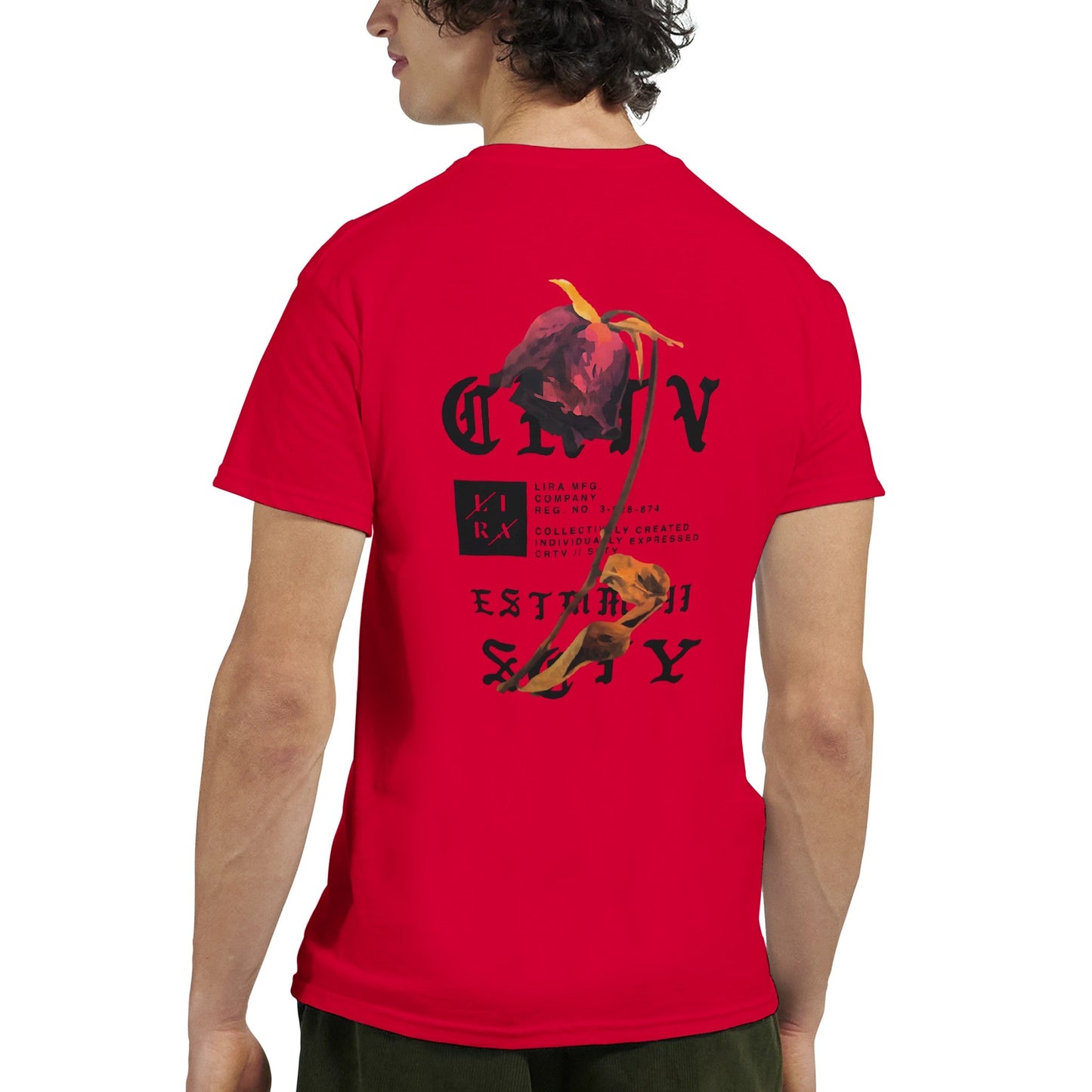rotes lira streetart unisex t-shirt aus schwerer baumwolle mit grafikelementen auf der rückseite.
