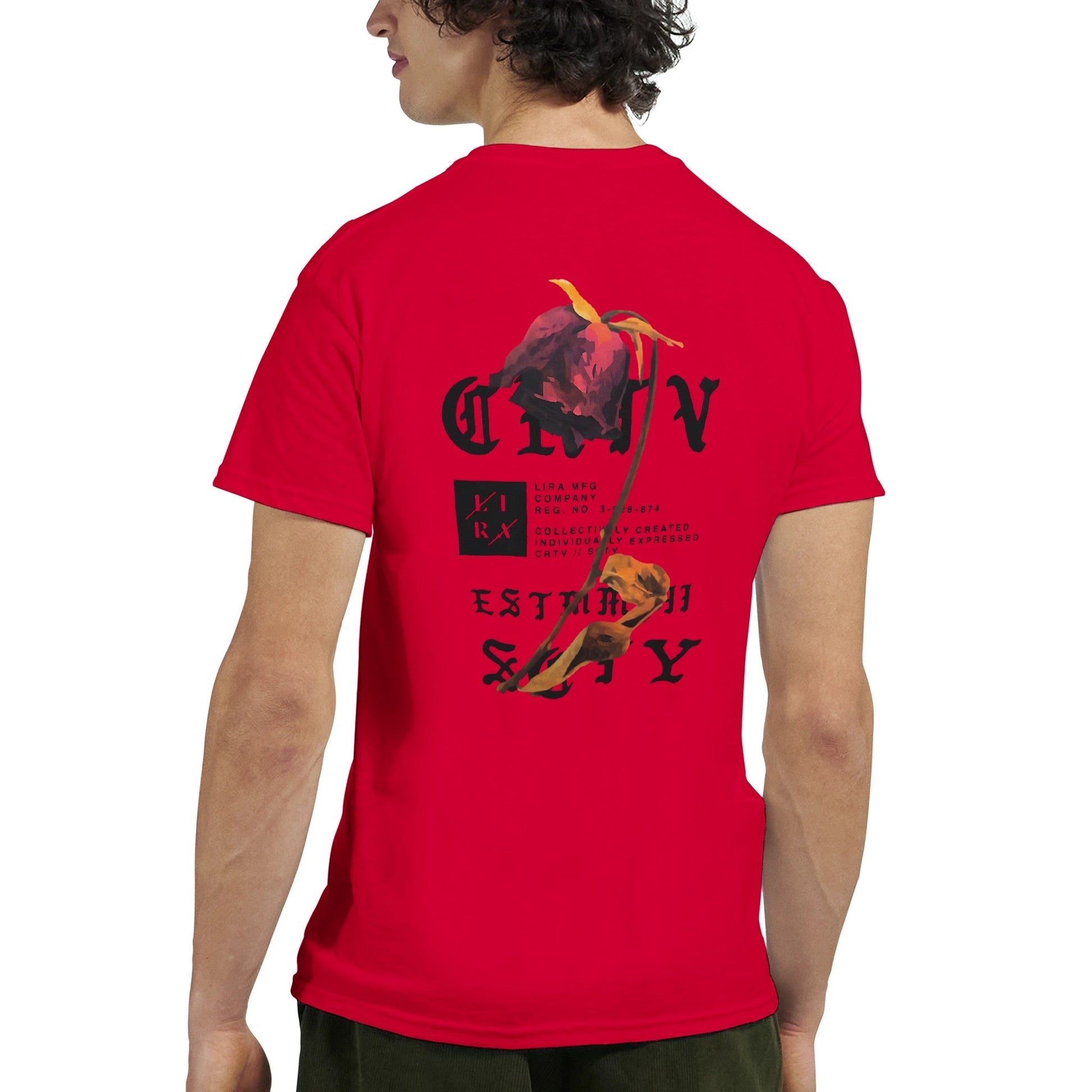 Rückansicht des roten Lira Streetart Unisex T-Shirts aus schwerer Baumwolle mit grafischem Print und klassischer Passform