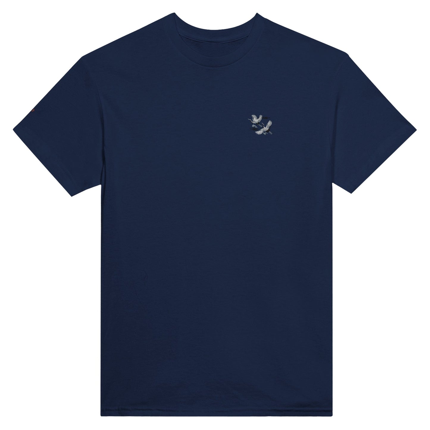 dunkelblaues unisex t-shirt aus 100 % baumwolle mit hochwertiger premium kranich stickerei auf der brust.