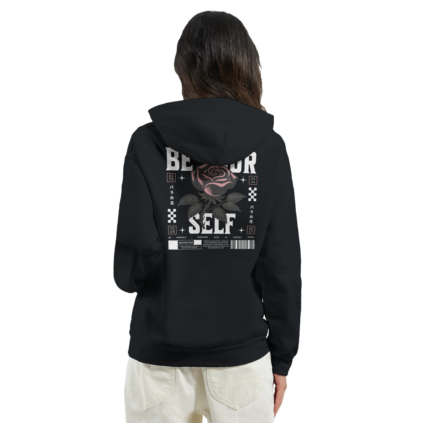 black unisex hoodie with "be your self" graphic and rose design on back, made from soft cotton-polyester blend for comfort and durability.
