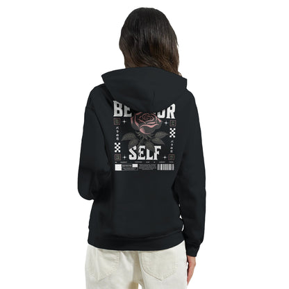 Black unisex hoodie with "Be Your Self" graphic and rose design on back, made from soft cotton-polyester blend for comfort and durability.