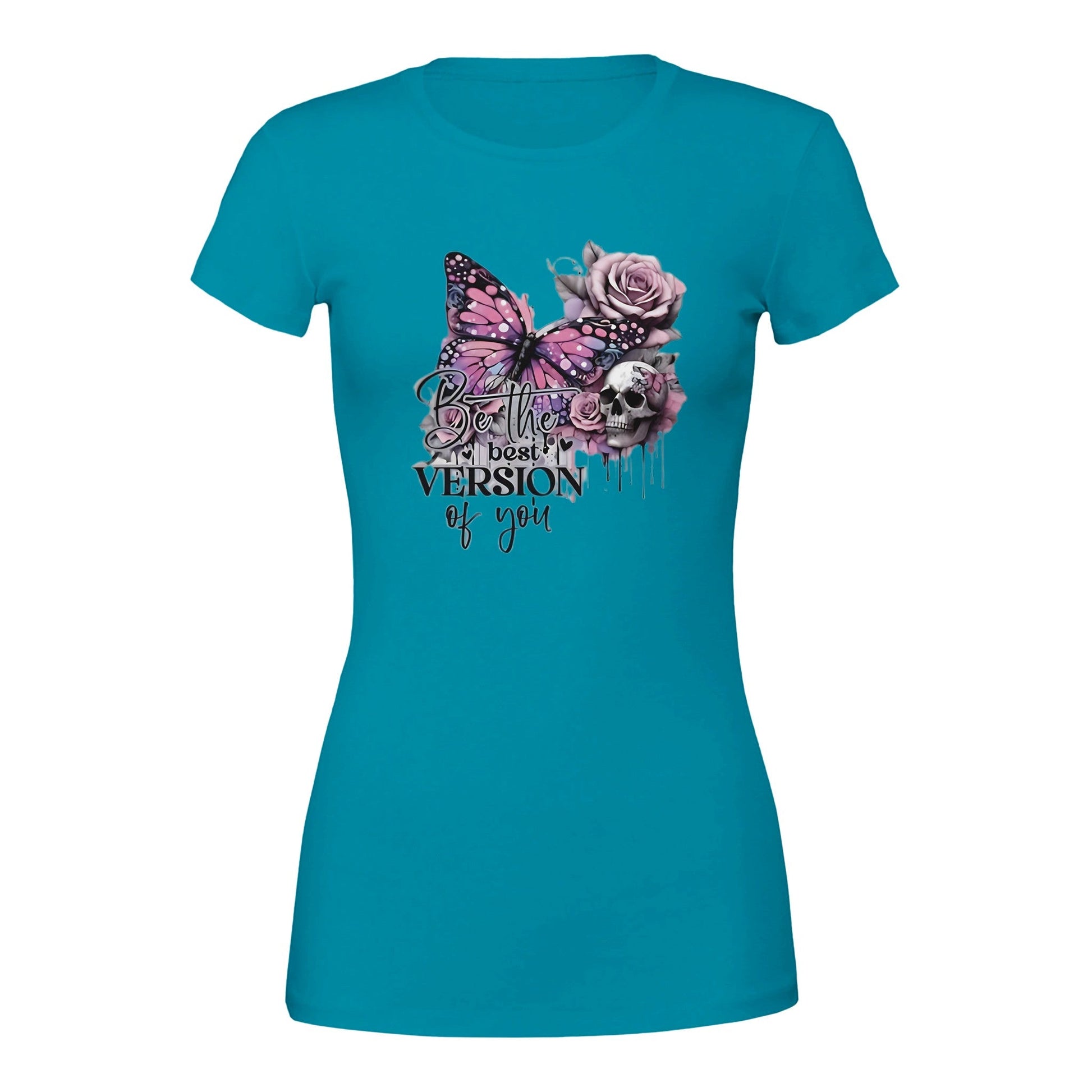 Premium women's crewneck t-shirt in teal with butterfly and floral "Best of You" design, soft cotton tee.