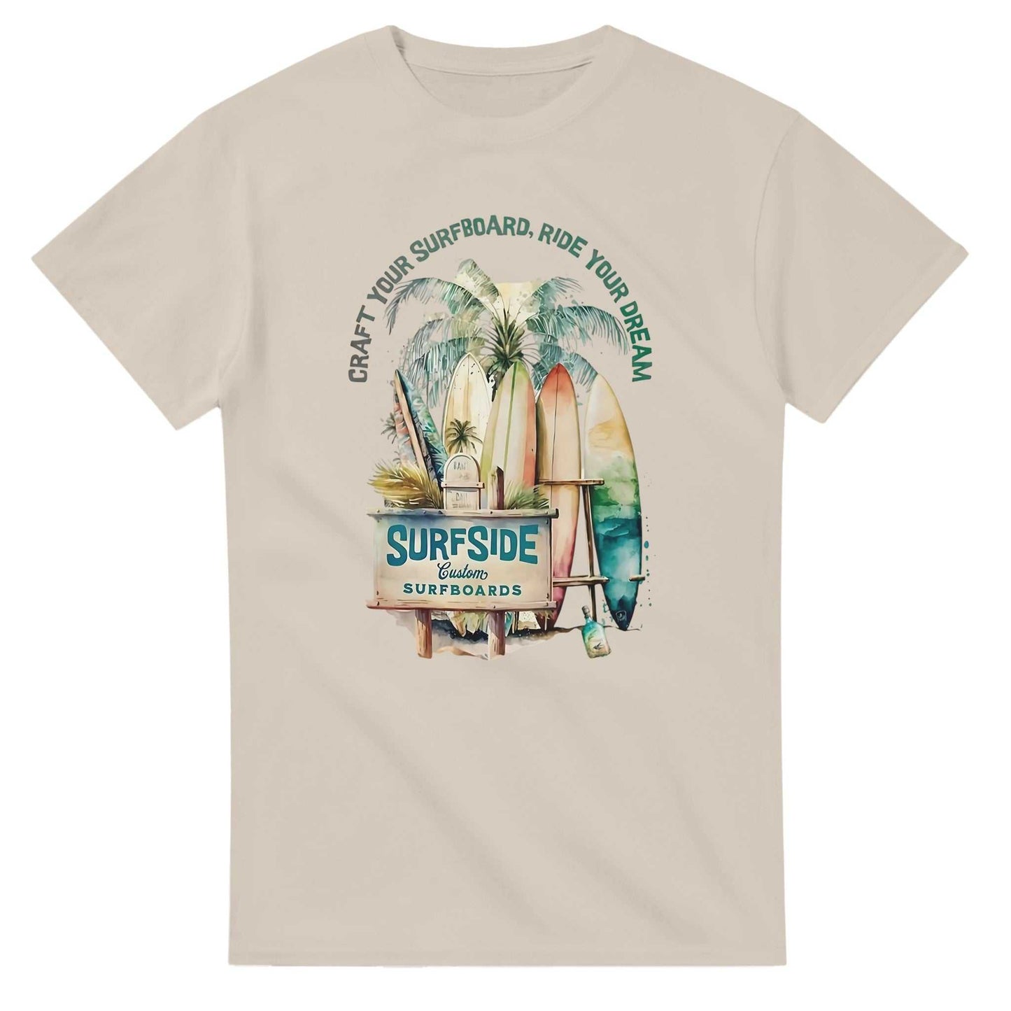 sommer surfside t-shirt with surfboard graphic, heavyweight cotton, relaxed fit, classic summer style
