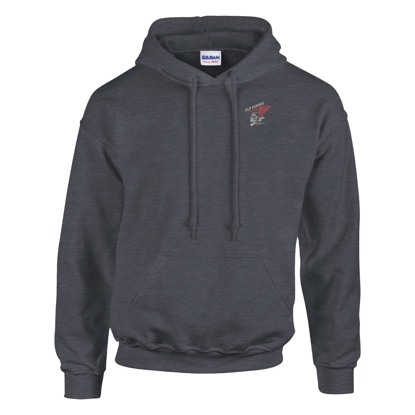 men's dark gray rocker biker hoodie with double-lined hood, front pocket, and soft cotton-polyester blend fabric.