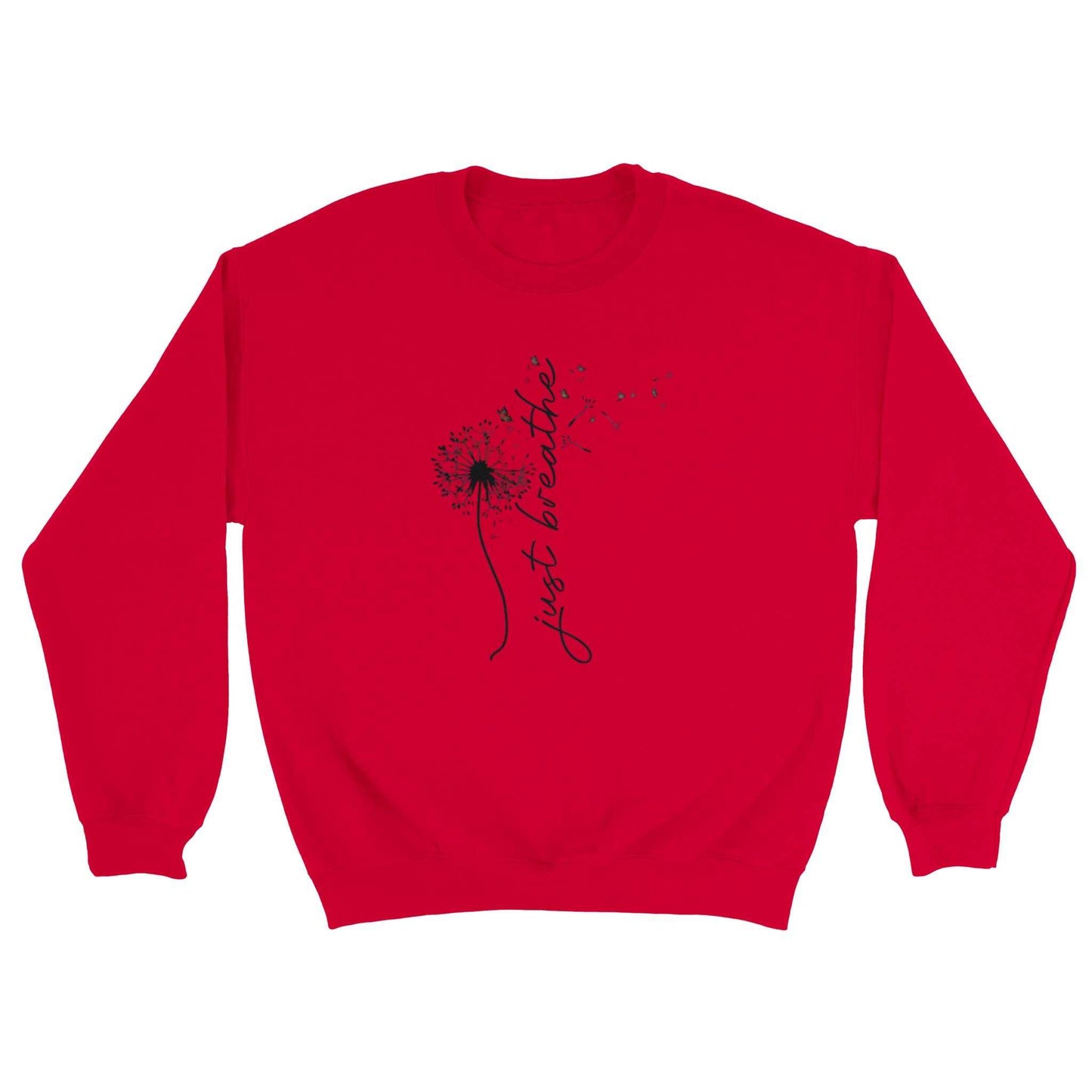 rotes sweatshirt entspannungs pullover aus weicher baumwollpolyester-mischung mit "just breathe" schriftzug und pusteblumen-design