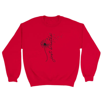 Rotes Sweatshirt Entspannungs Pullover aus weicher Baumwollpolyester-Mischung mit "just breathe" Schriftzug und Pusteblumen-Design