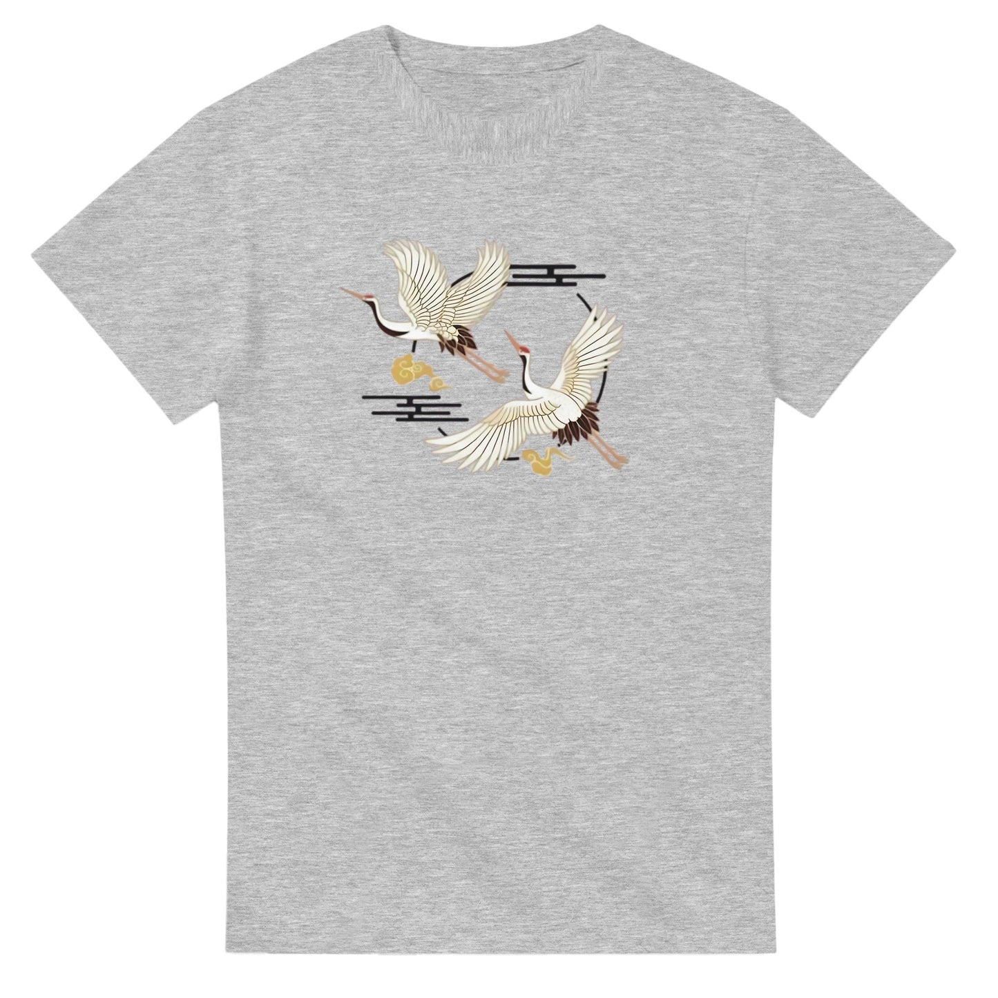 kranich unisex crewneck t-shirt aus schwerem baumwollstoff in grau mit stilisiertem kranich-motiv, klassischer passform und langlebigen doppelnahttaschen.