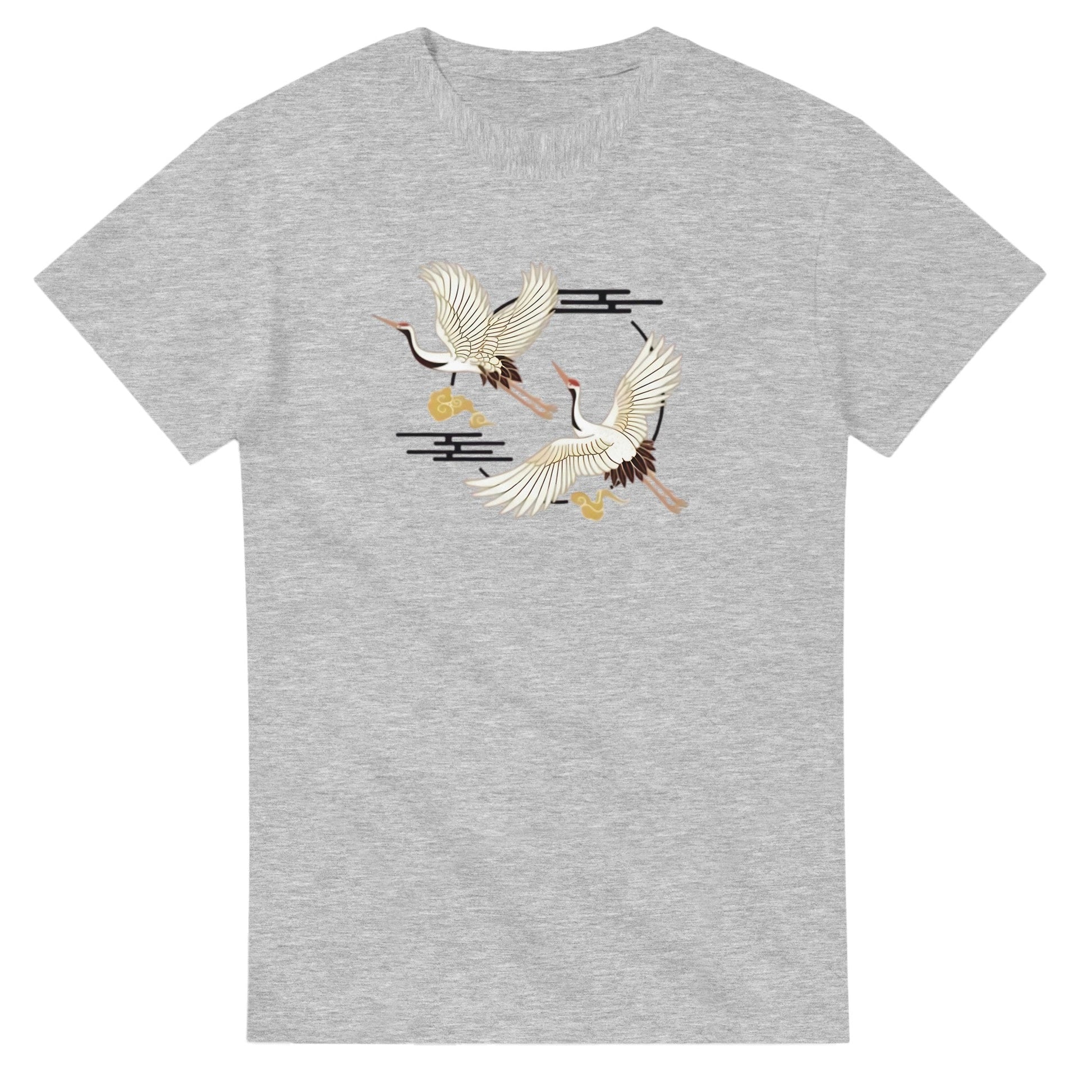 Kranich Unisex Crewneck T-shirt in grey with flying cranes design, heavyweight cotton, classic fit, durable double-needle stitching, breathable and comfortable for casual wear