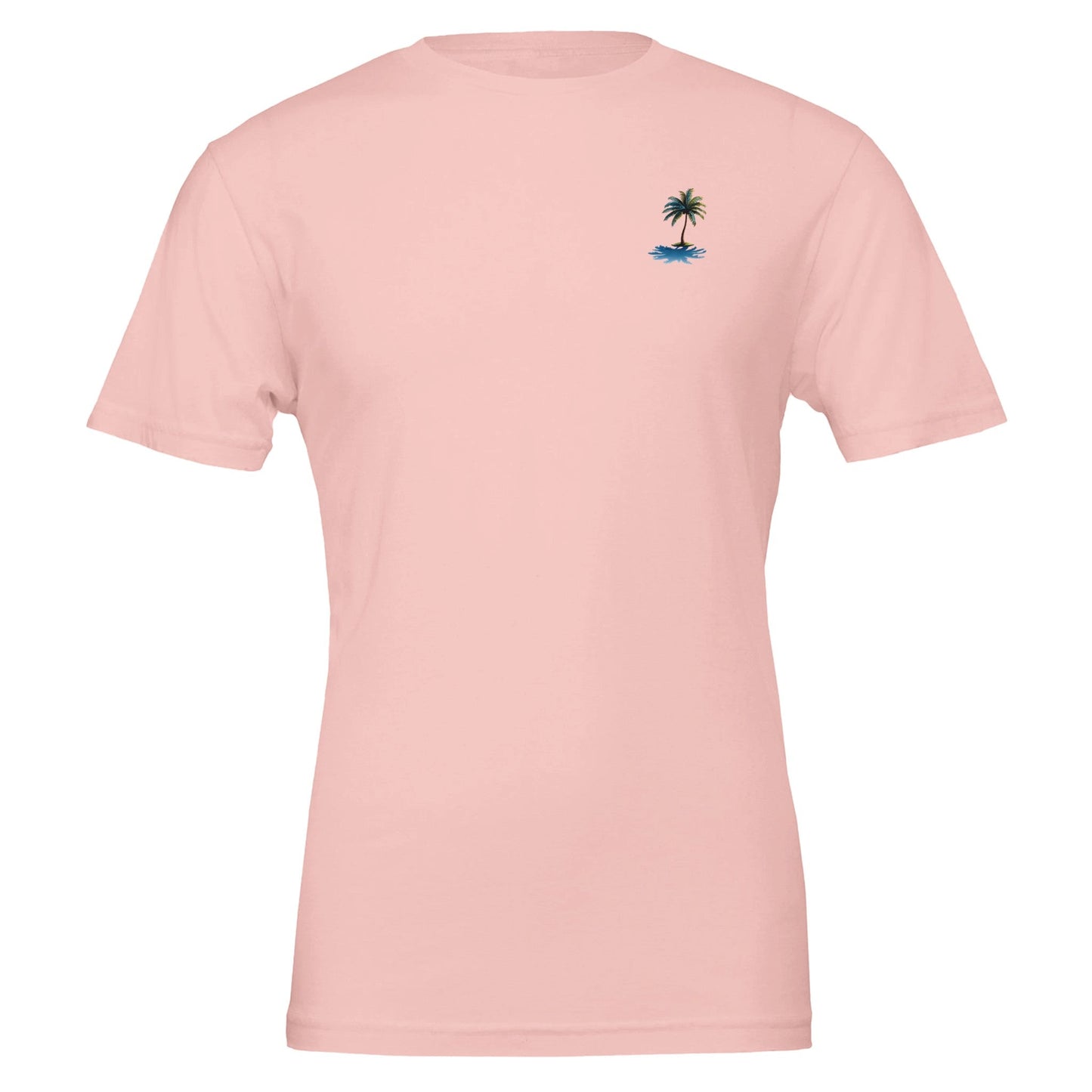 sommer t-shirt unisex in rosa mit kleinem palmen-motiv, weich und ideal für strand und beachparty