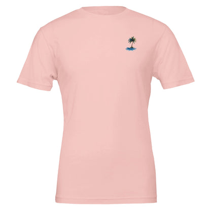 Sommer T-Shirt unisex in rosa mit kleinem Palmen-Motiv, weich und ideal für Strand und Beachparty