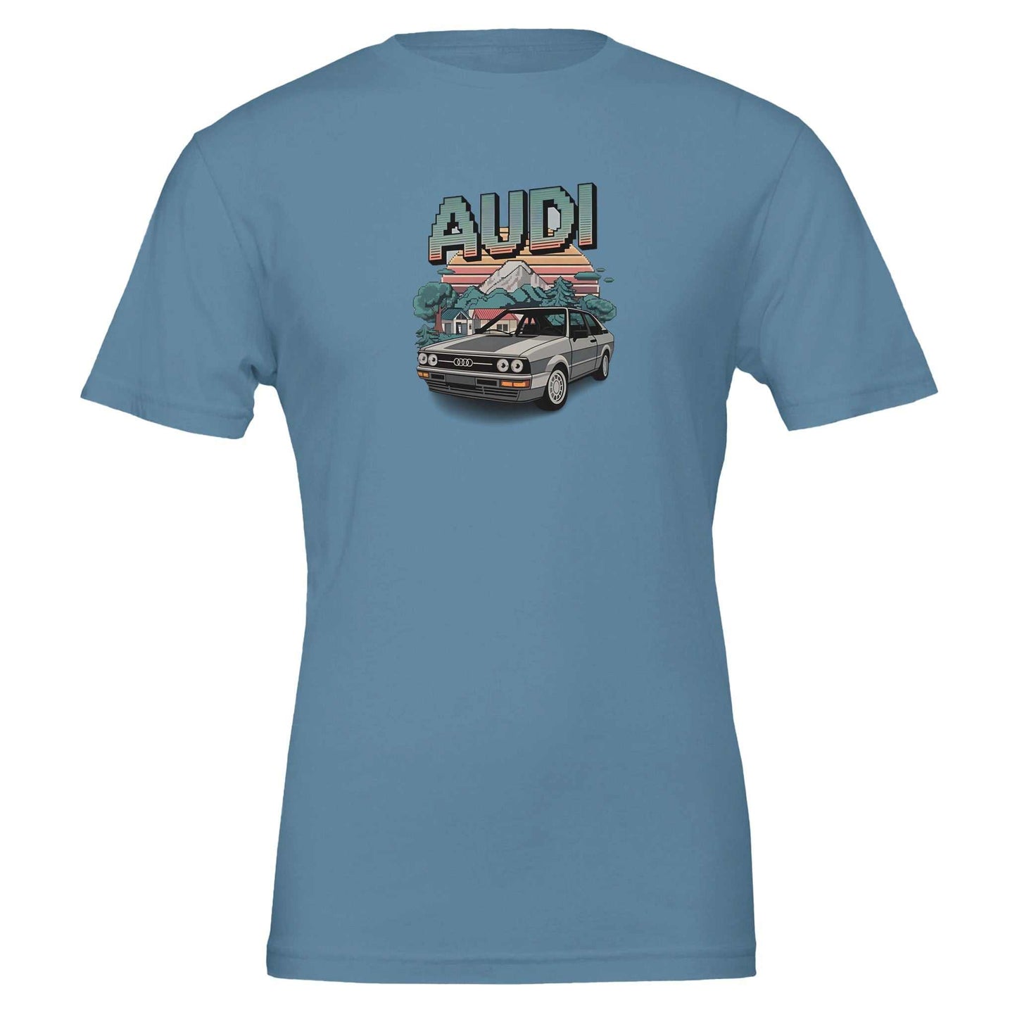 oldschool t-shirt with pixel art audi car and mountain design on blue premium cotton fabric