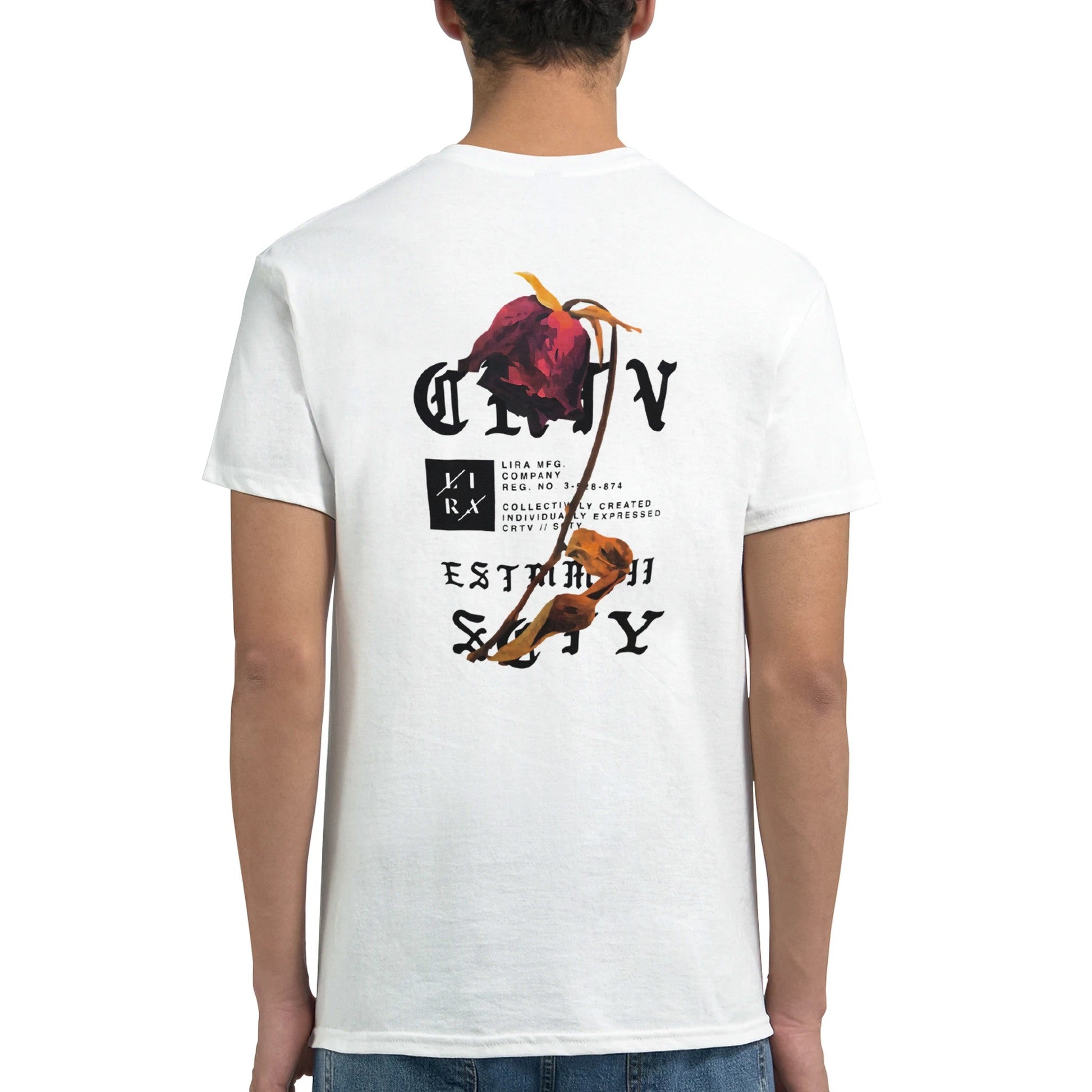 Weißes Lira Streetart Unisex T-Shirt aus 100% Baumwolle mit kreativem Rückendruck und klassischer Passform.